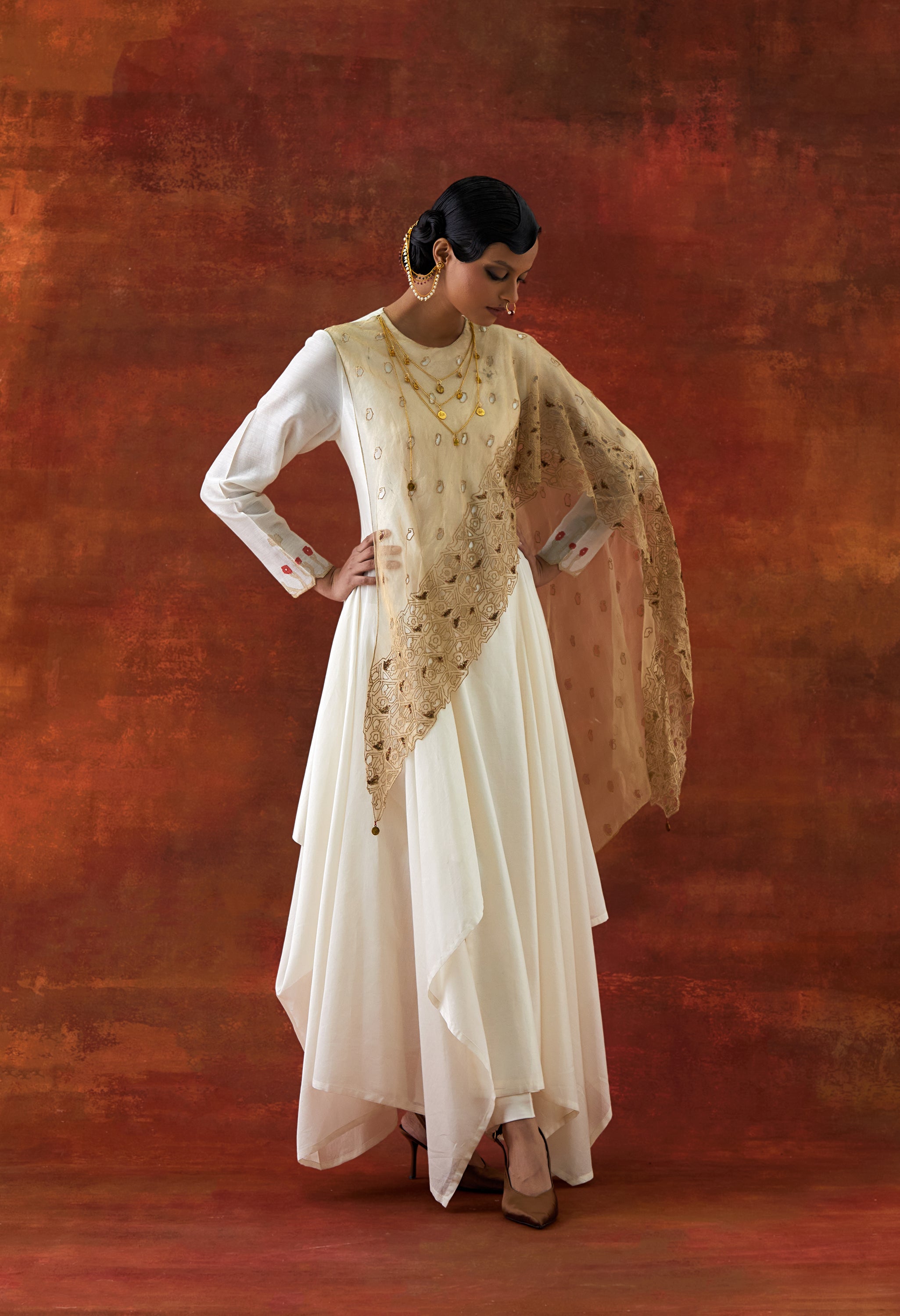 EMB GOLD TISSUE ATTACHED DRAPED KURTA WITH PANTS