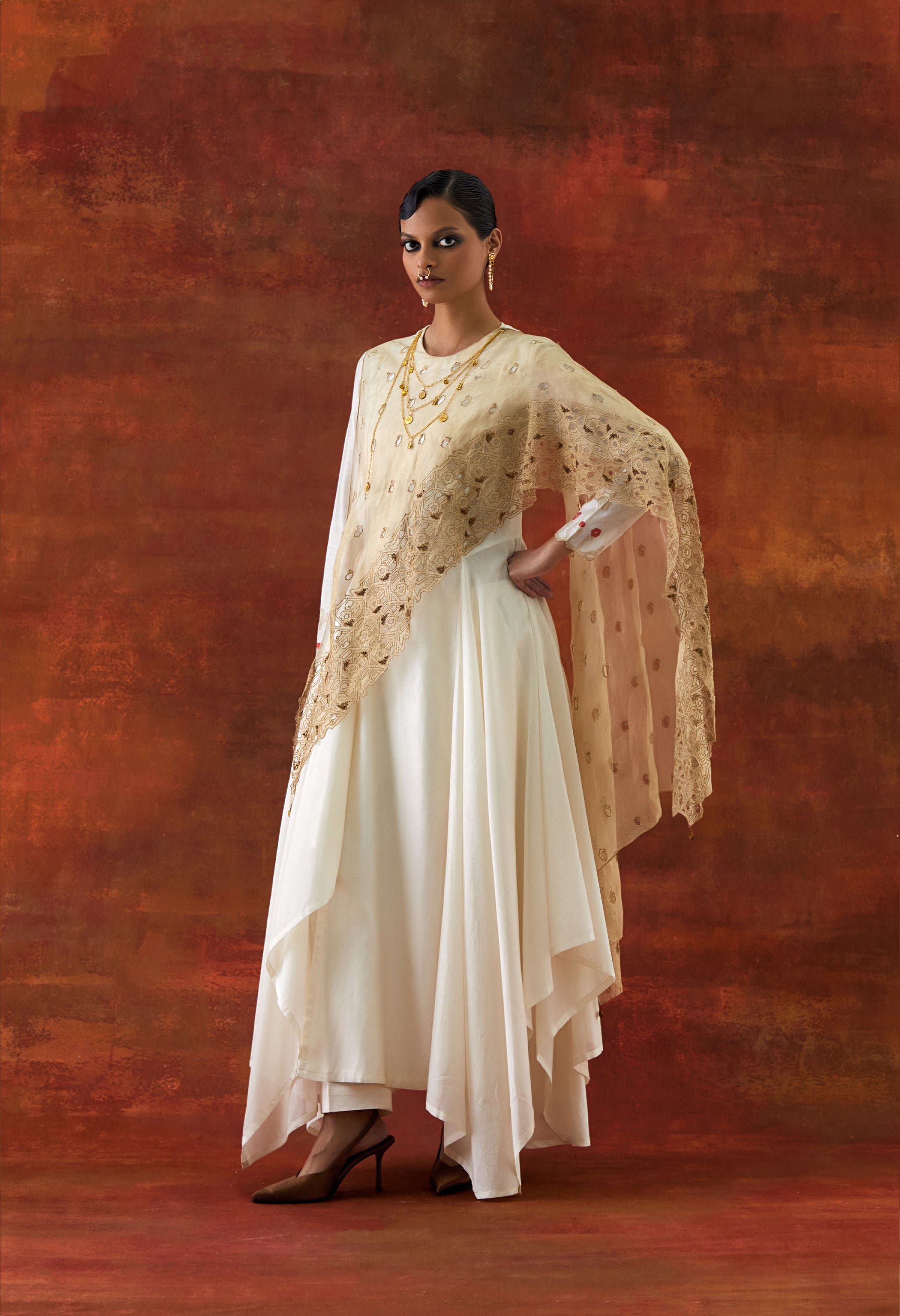 EMB GOLD TISSUE ATTACHED DRAPED KURTA WITH PANTS