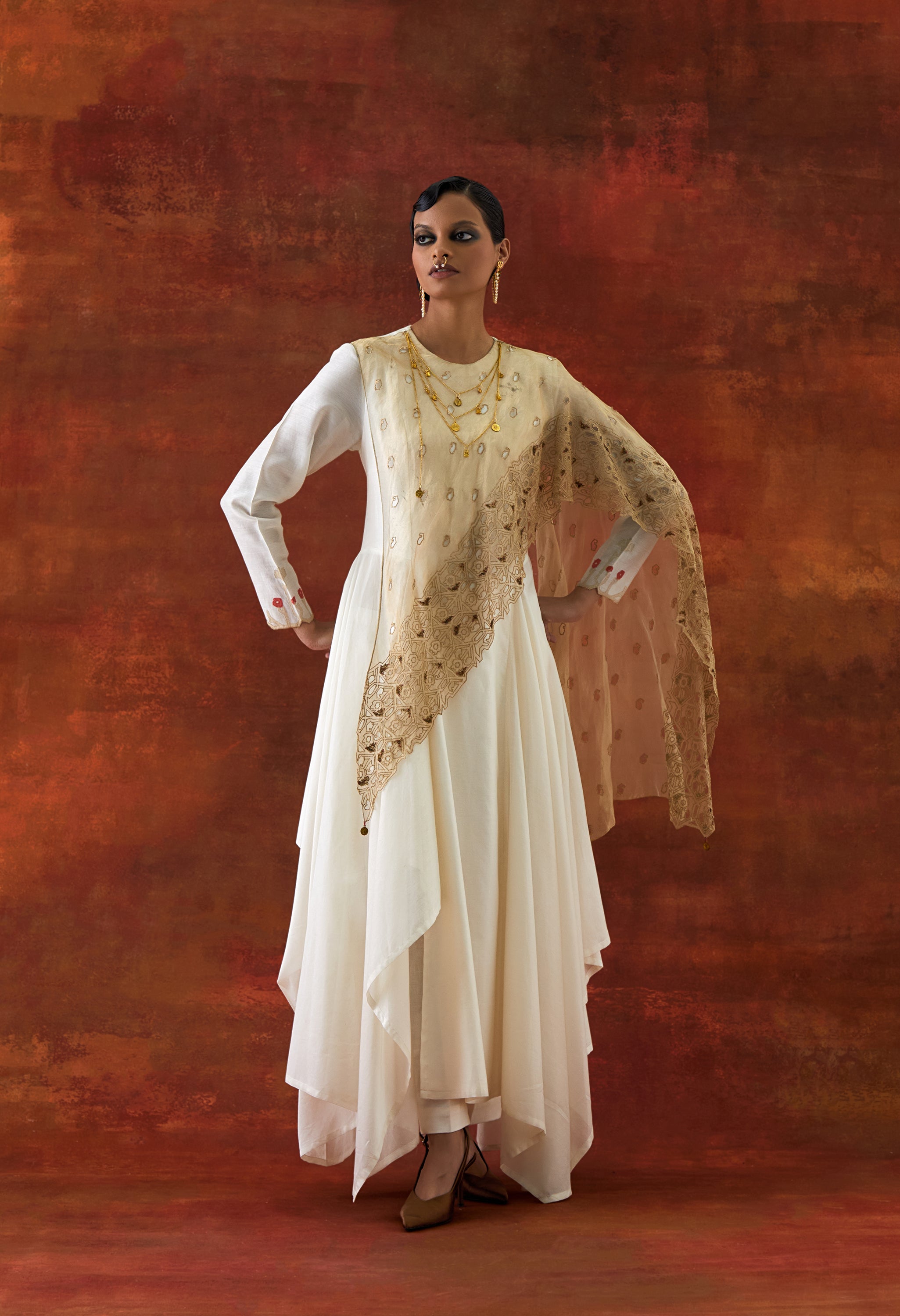EMB GOLD TISSUE ATTACHED DRAPED KURTA WITH PANTS