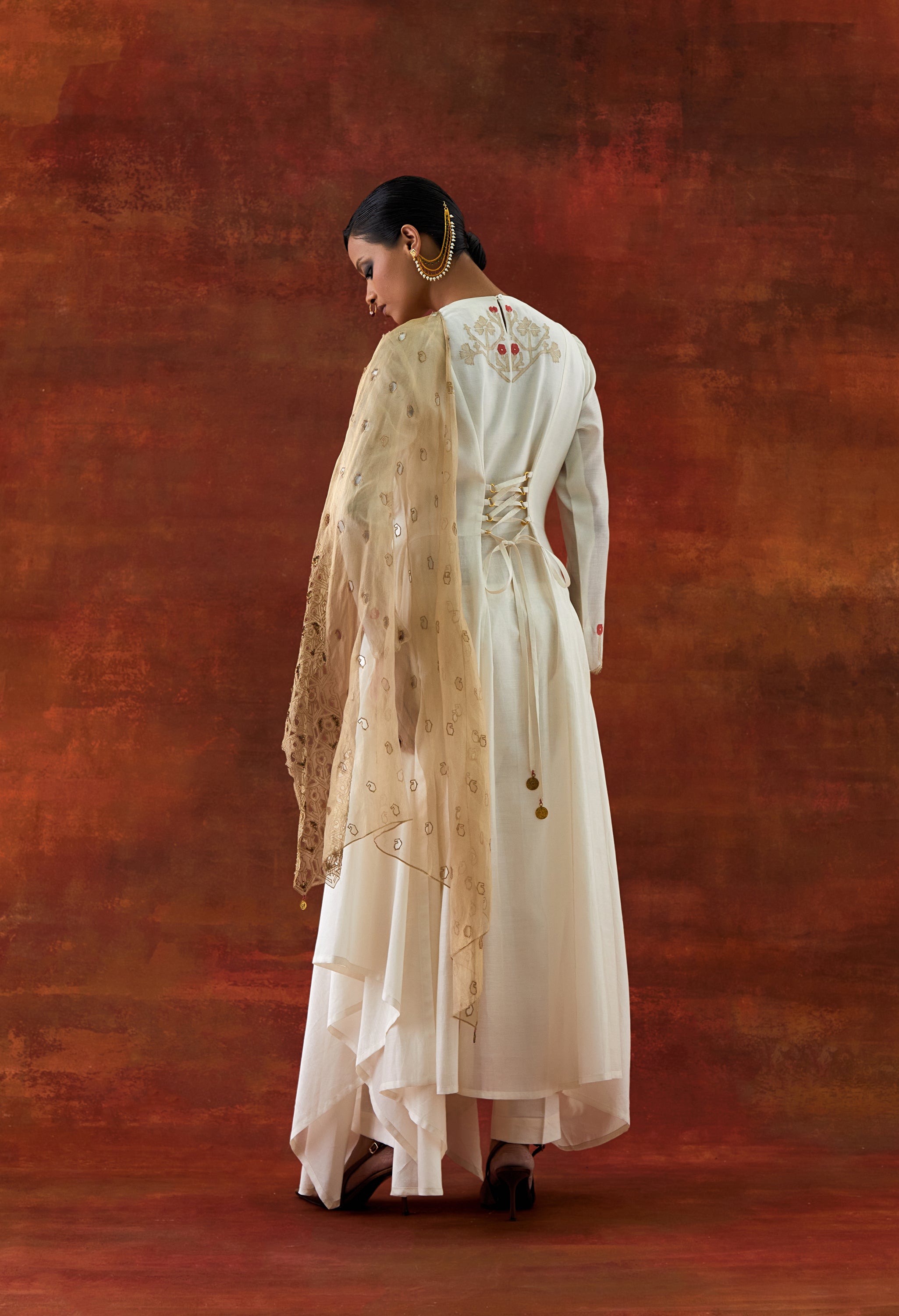 EMB GOLD TISSUE ATTACHED DRAPED KURTA WITH PANTS