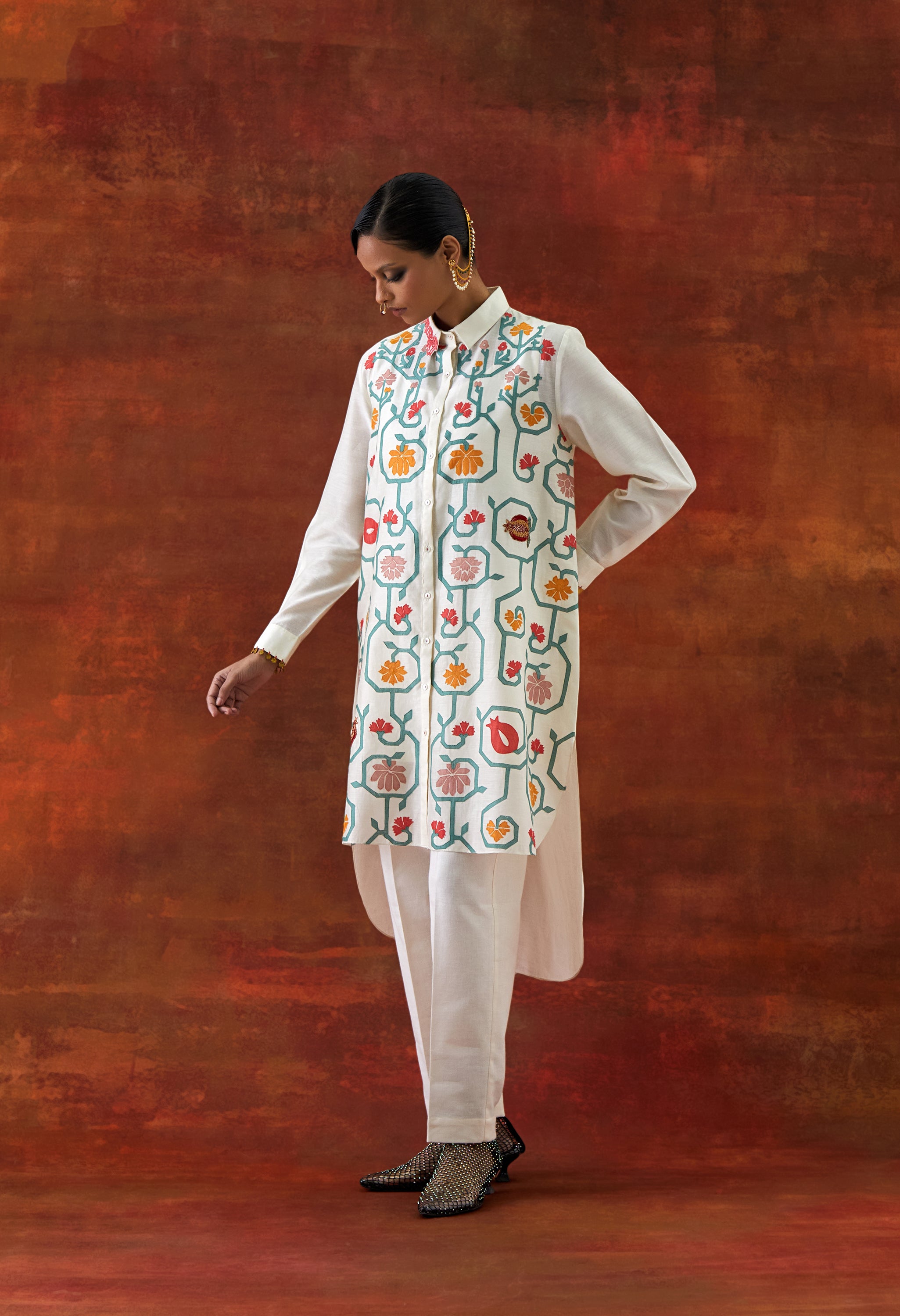 EMB GOLD TISSUE SHIRT WITH INNER AND PANTS