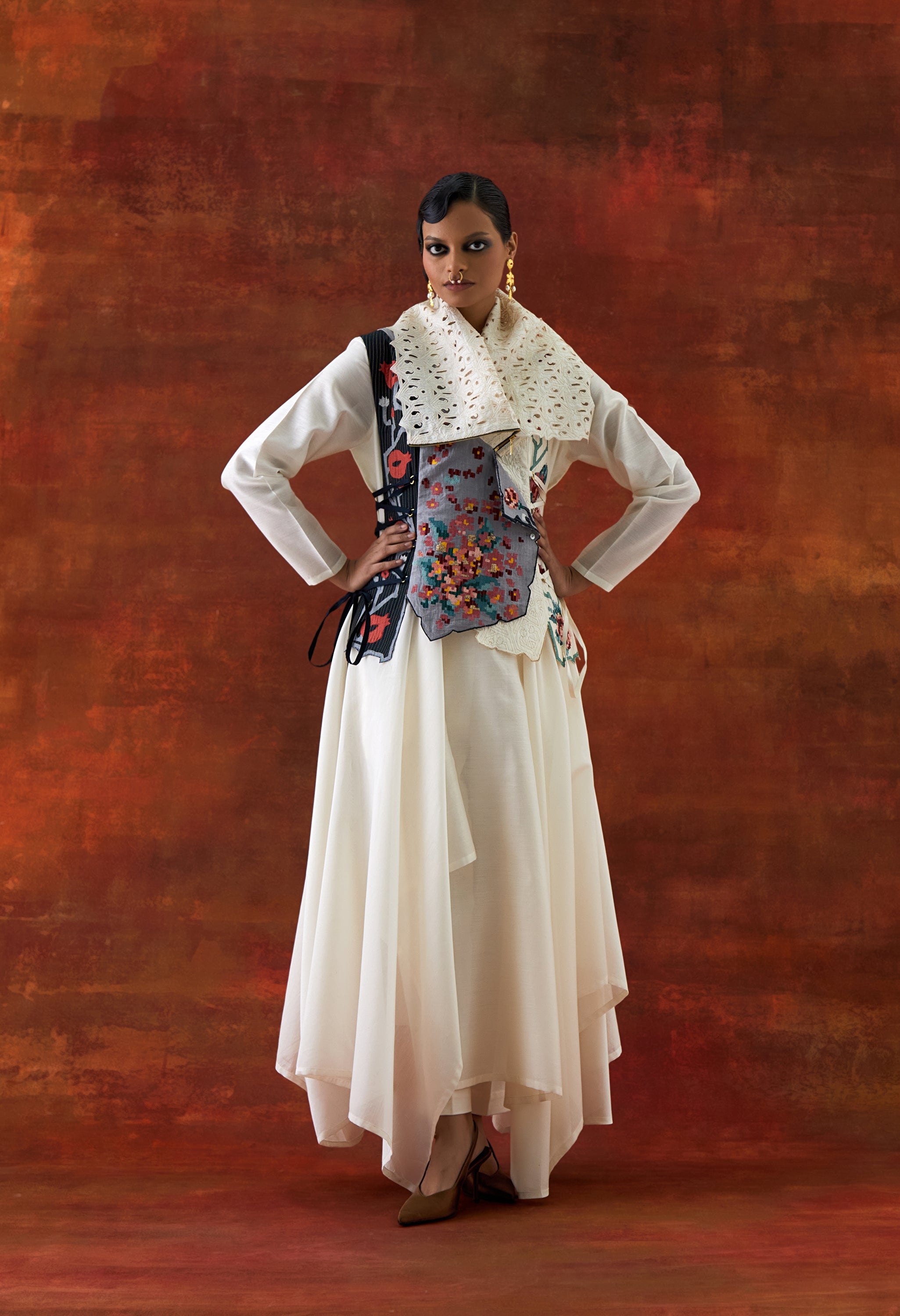 DRAPED COLLAR SIDE TIE UP JACKET WITH V NECK DRAPED KURTA AND PANTS