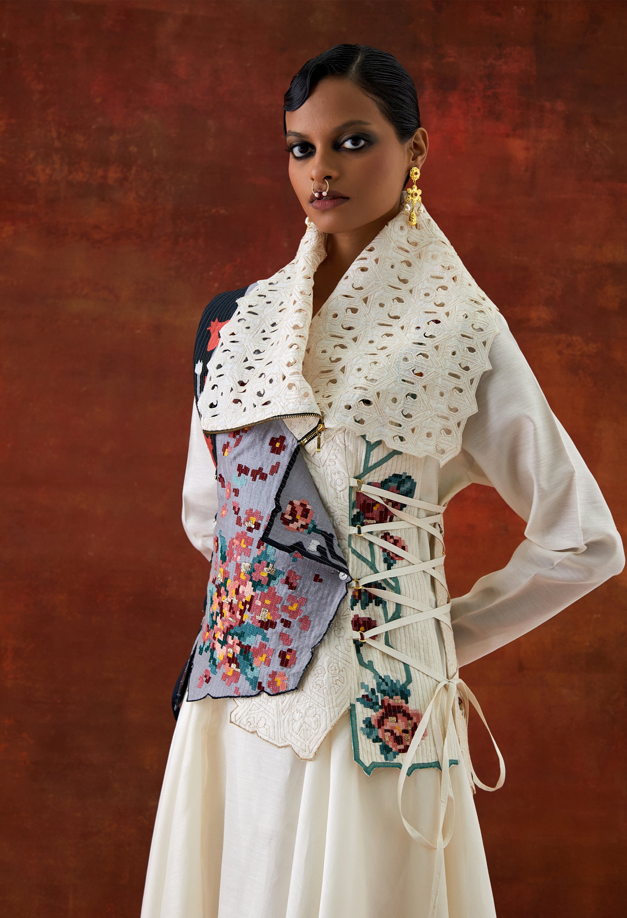 DRAPED COLLAR SIDE TIE UP JACKET WITH V NECK DRAPED KURTA AND PANTS