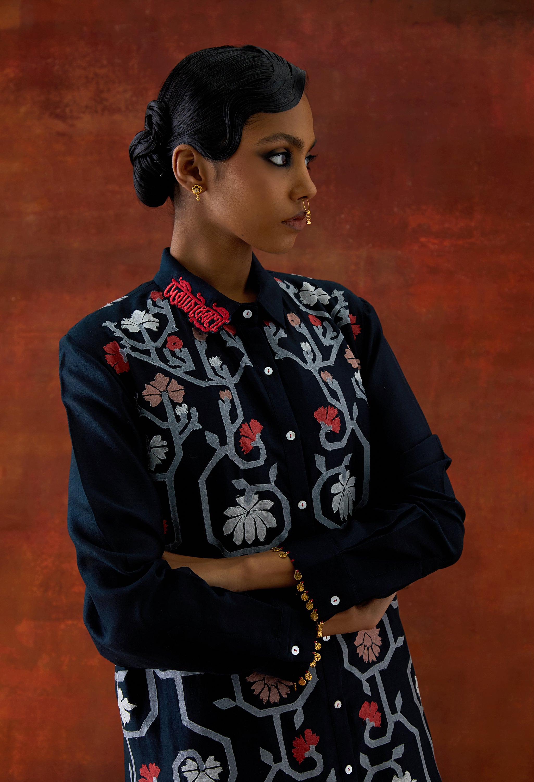 EMB GOLD TISSUE SHIRT WITH INNER AND PANTS