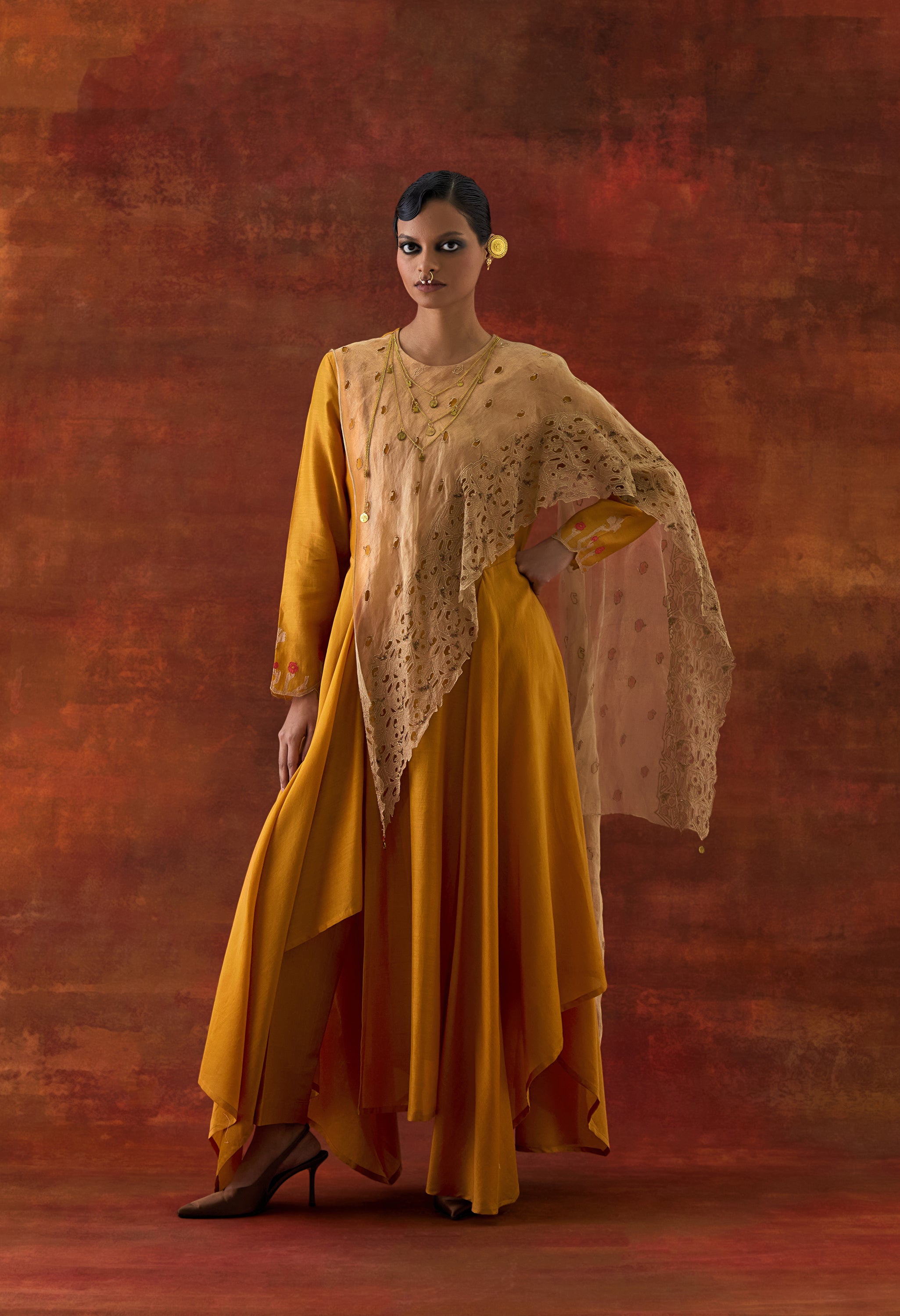 EMB GOLD TISSUE ATTACHED DRAPED KURTA WITH PANTS