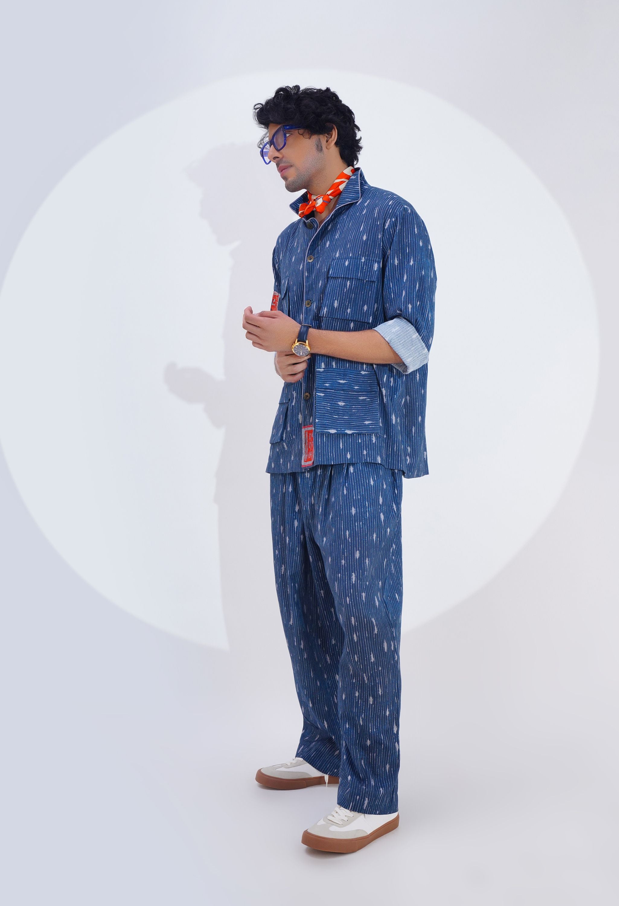 BLUE LINEN PRINTED STRIPE BUTTON DOWN SHIRT AND PANT SET