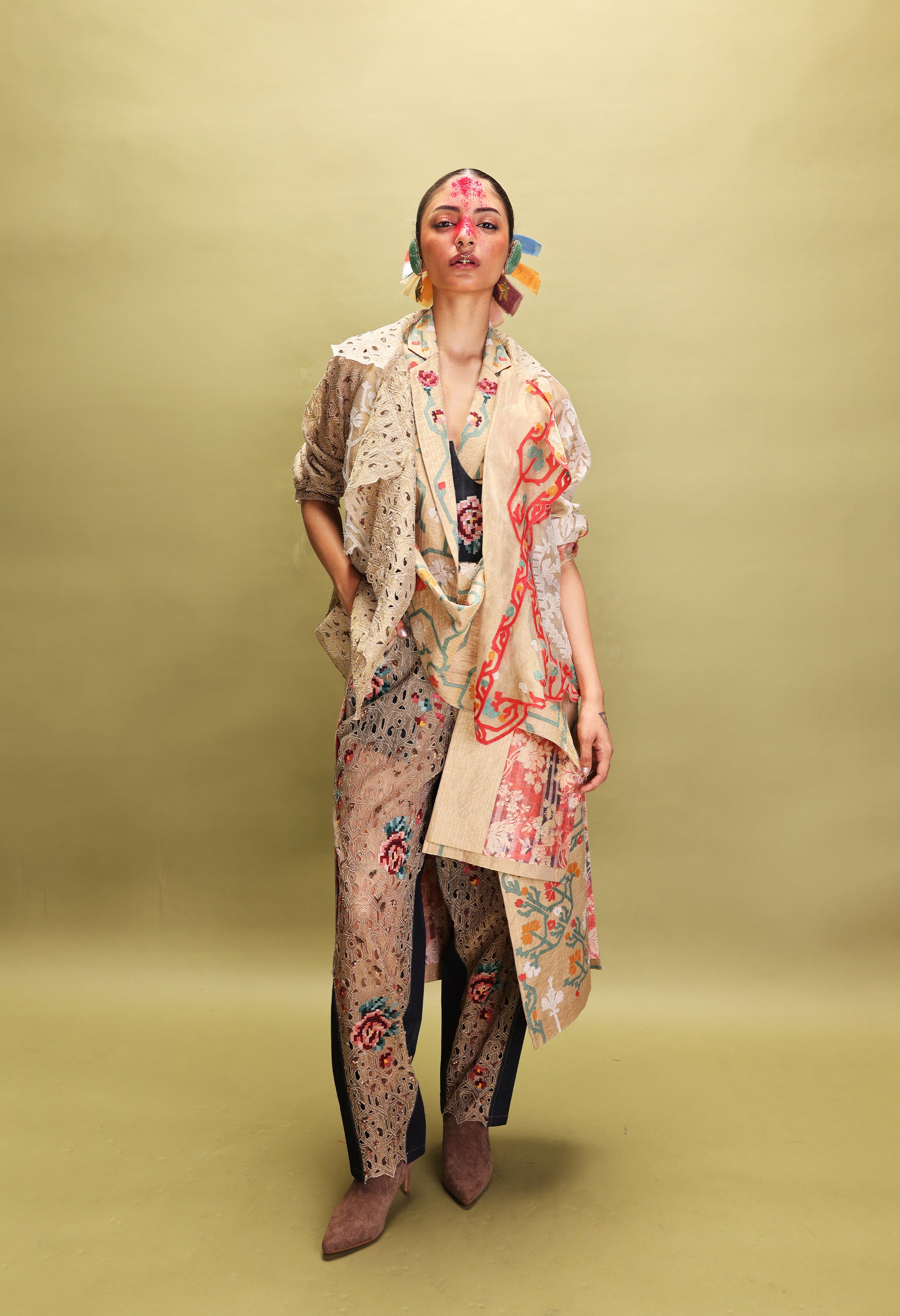 LONG EMB GOLD JACKET COMBINED WITH EMB GOLD SHORT TRENCH + EMB CORSET BELT + EMB GOLD/DENIM BARREL FIT PANTS