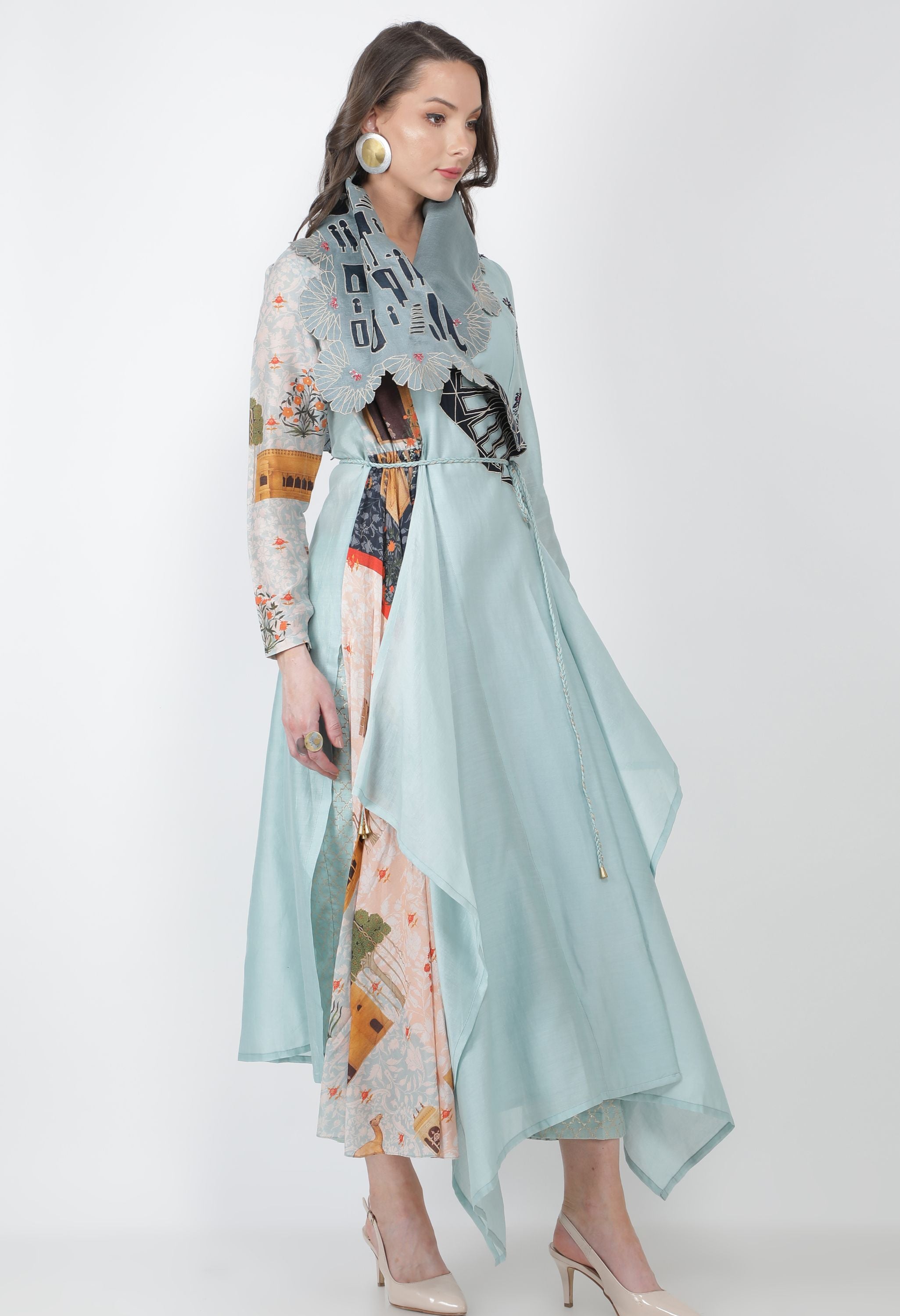 EMB DRAPED COLLAR ANGRAKHA WITH PANTS