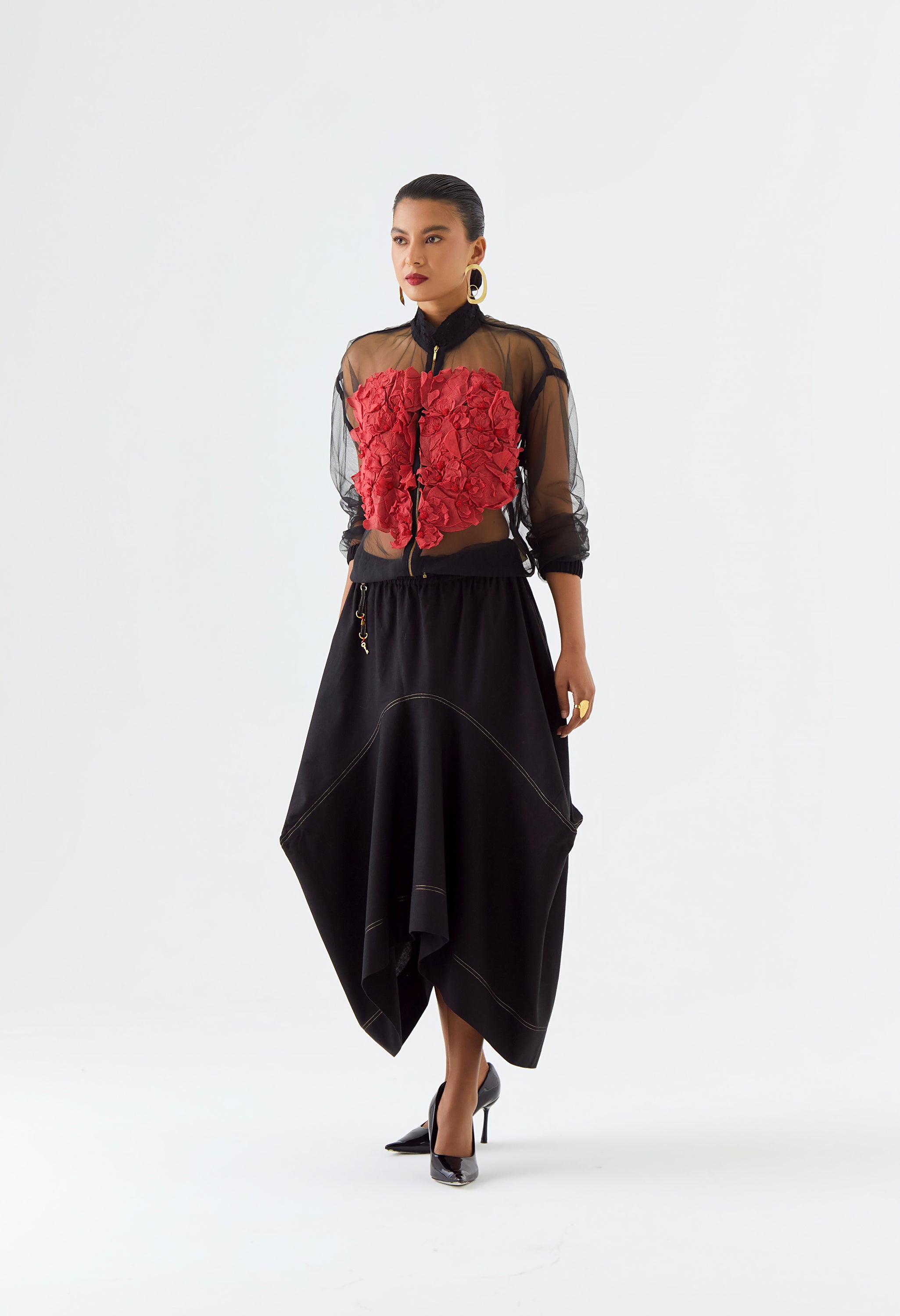 NET BOMBER JACKET + PLEATED SKIRT ATTACHED WITH PANTS