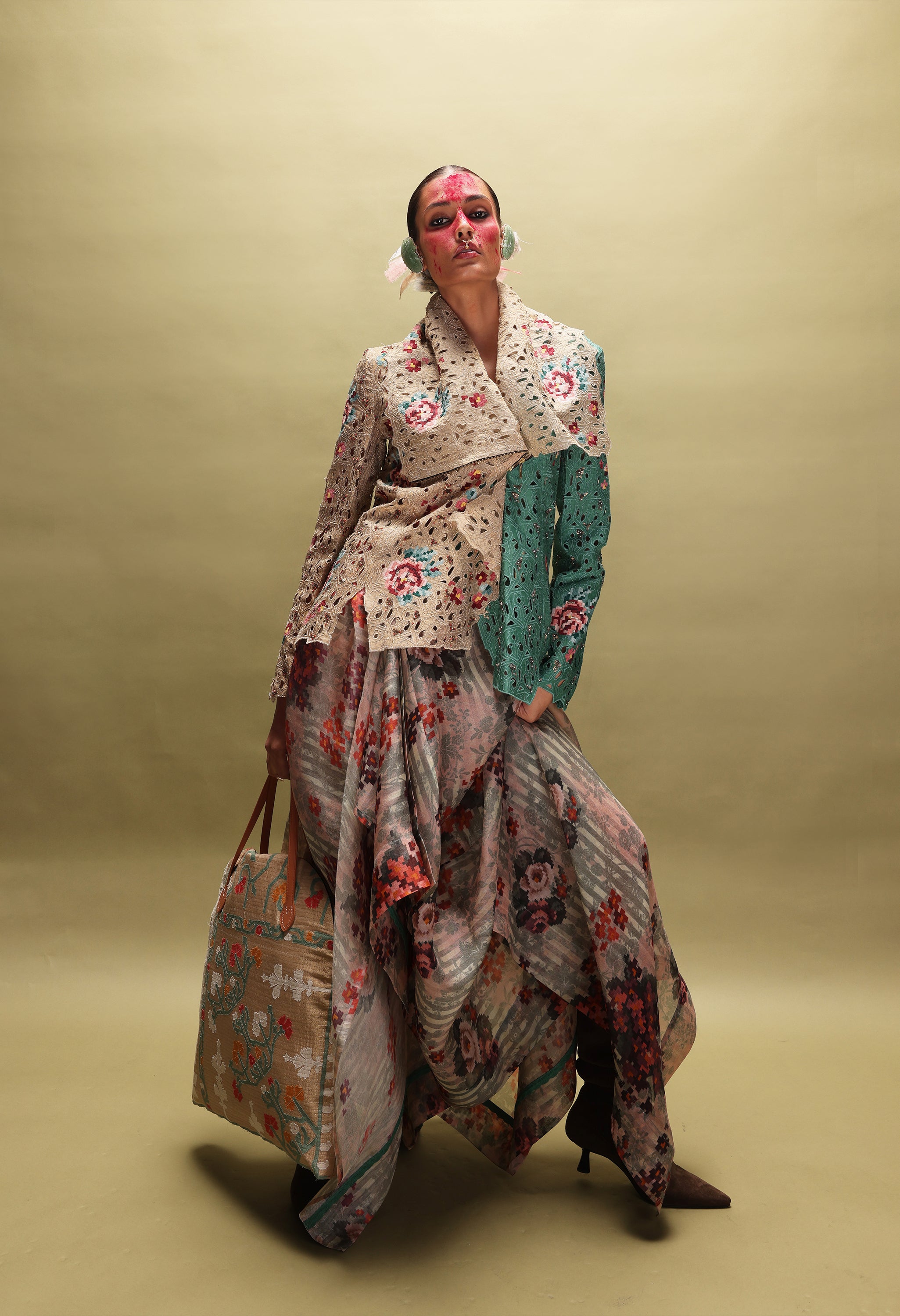 EMB DUAL COLORED DRAPED COLLAR JACKET WITH PRINTED DRAPED ORGANZA SKIRT