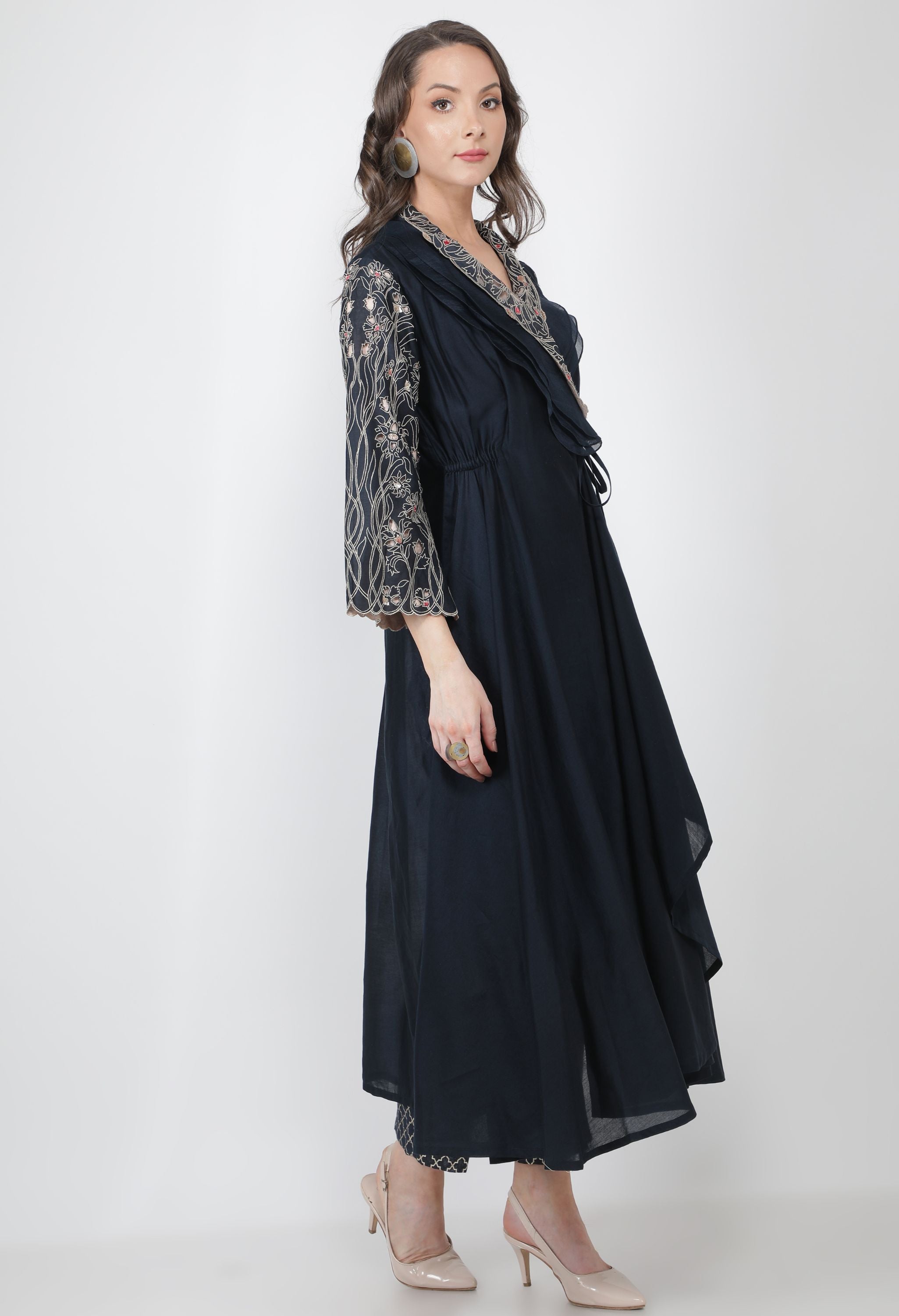 CUTWORK EMB SLEEVES LAYERED COLLARED ANGRAKHA WITH PANTS