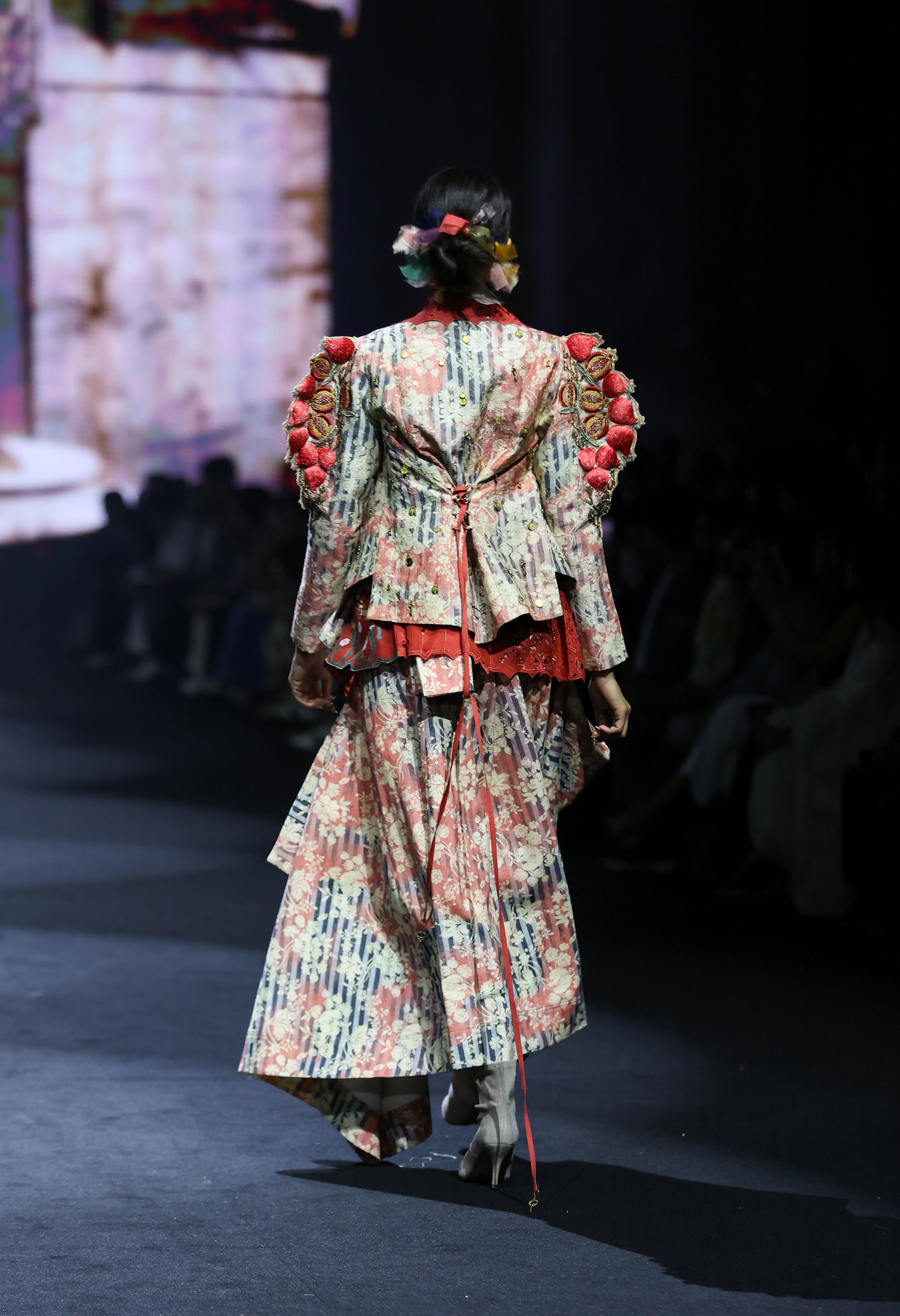EMB ORGANZA SHORT TRENCH + 3D POMEGRANTE EMB QUILTED JACKET WITH PRINTED DENIM DRAPED SKIRT