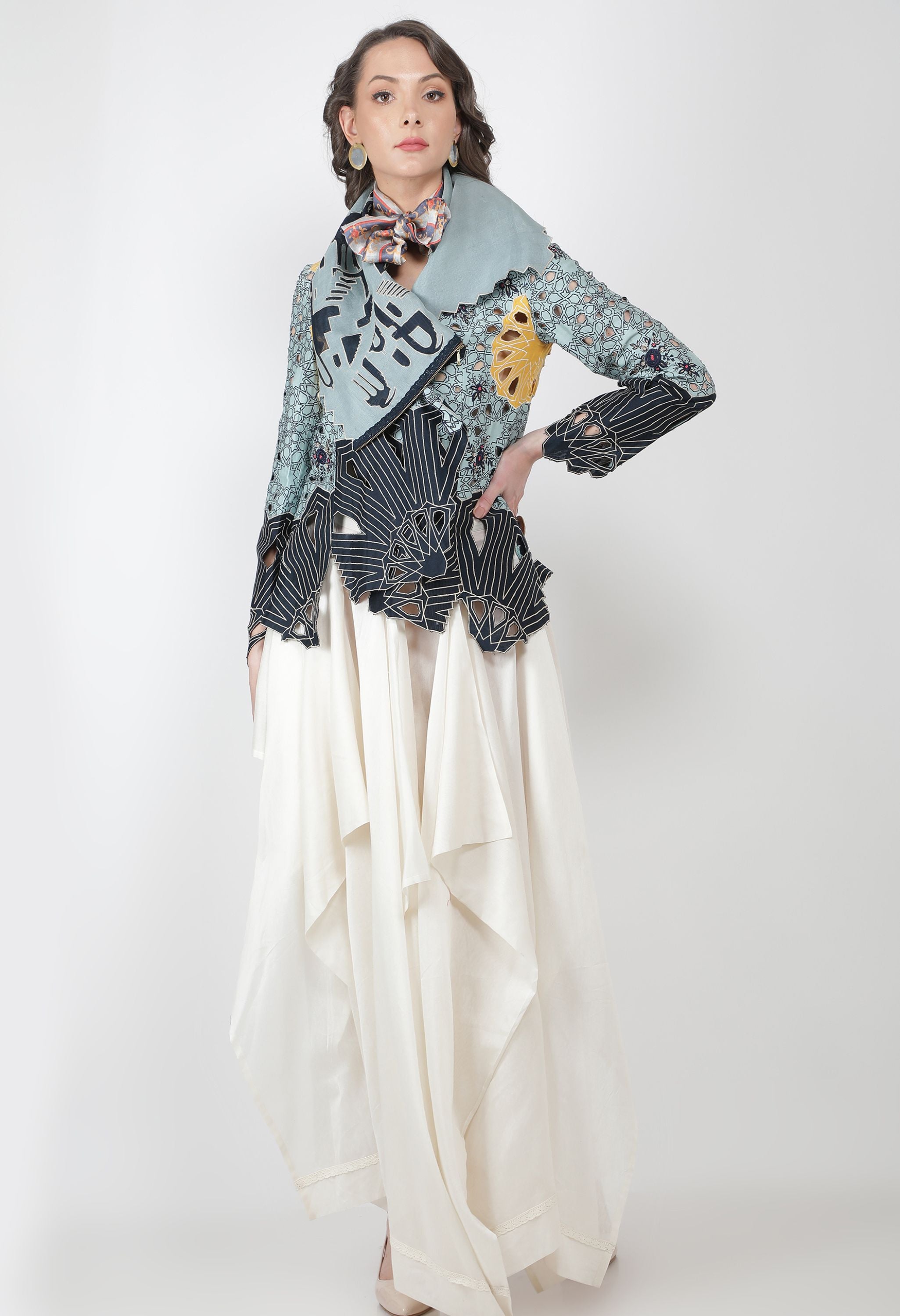 EMB DRAPED COLLAR CUTWORK JACKET WITH SKIRT