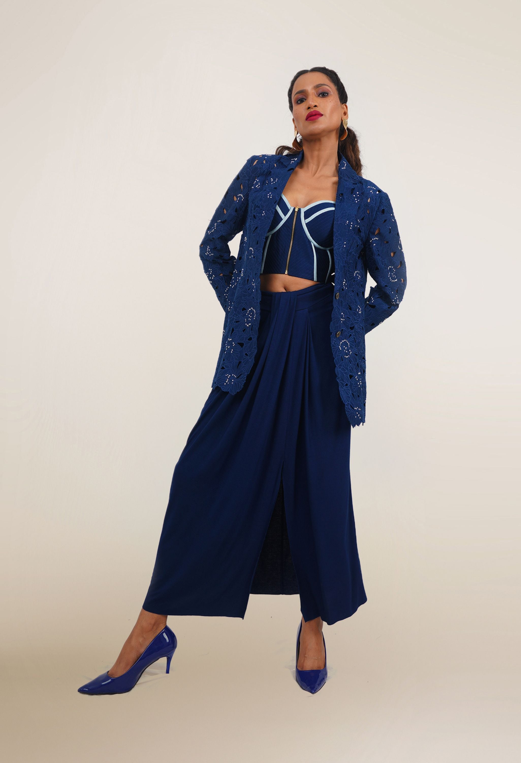 FLORAL CUTWORK JACKET WITH BUSTIER AND DRAPED JERSEY SKIRT