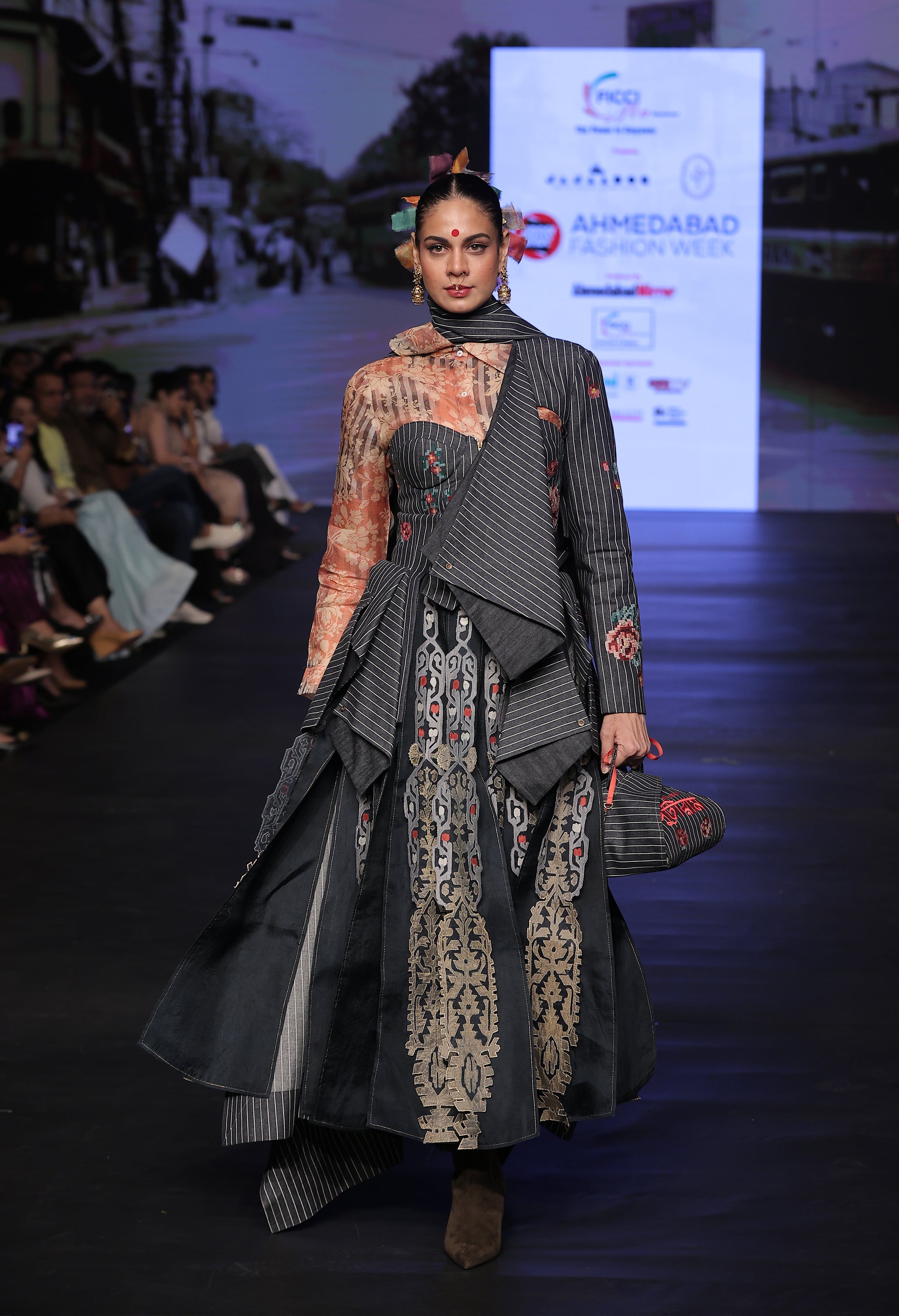 EMB STRIPED DENIM ENGINEERED CORSET DRESS WITH EMB PANELLED SKIRT COMBINED WITH PRINTED ORGANZA SHIRT