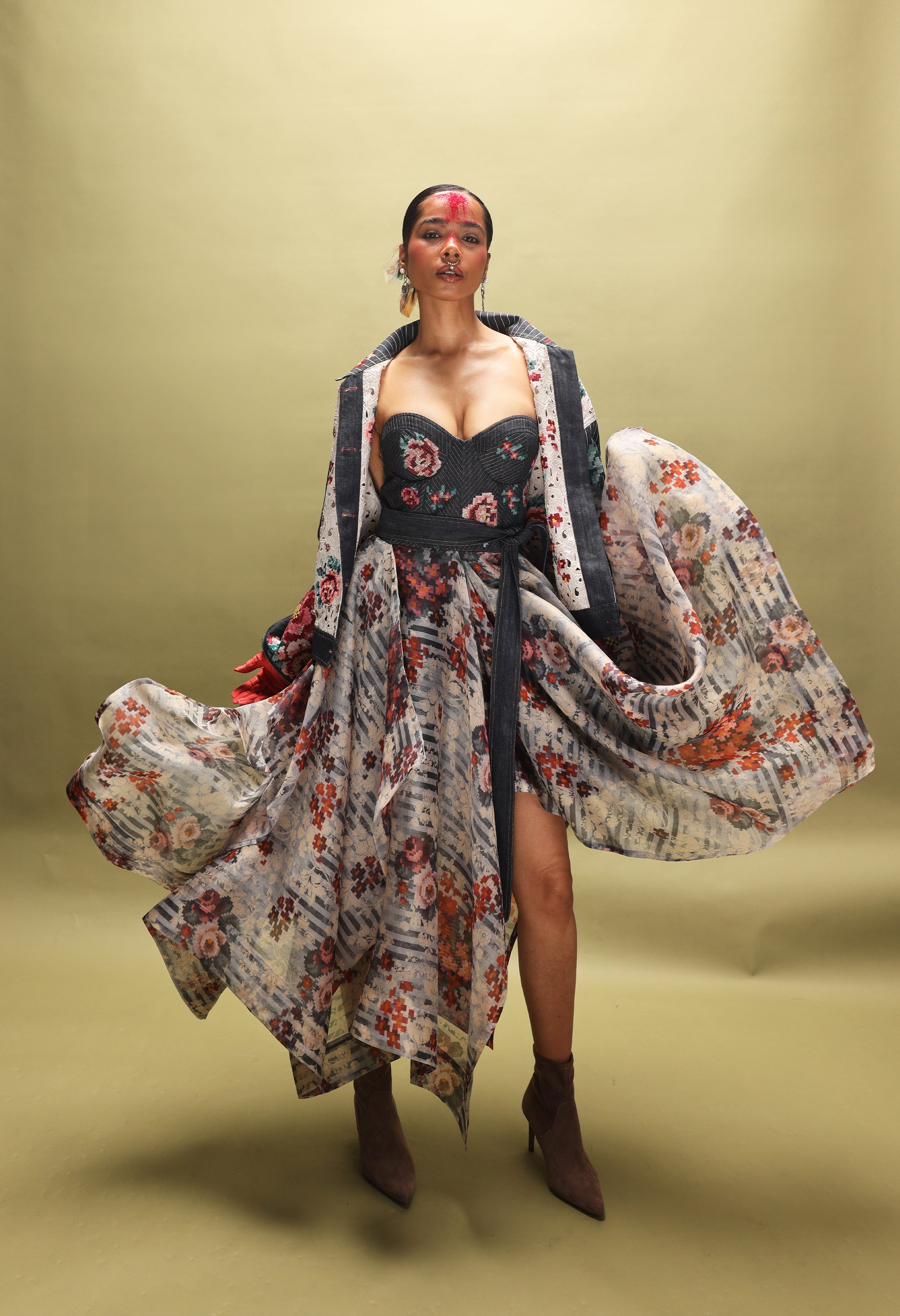 EMB DUAL COLOR DENIM JACKET WITH CORSET DRESS