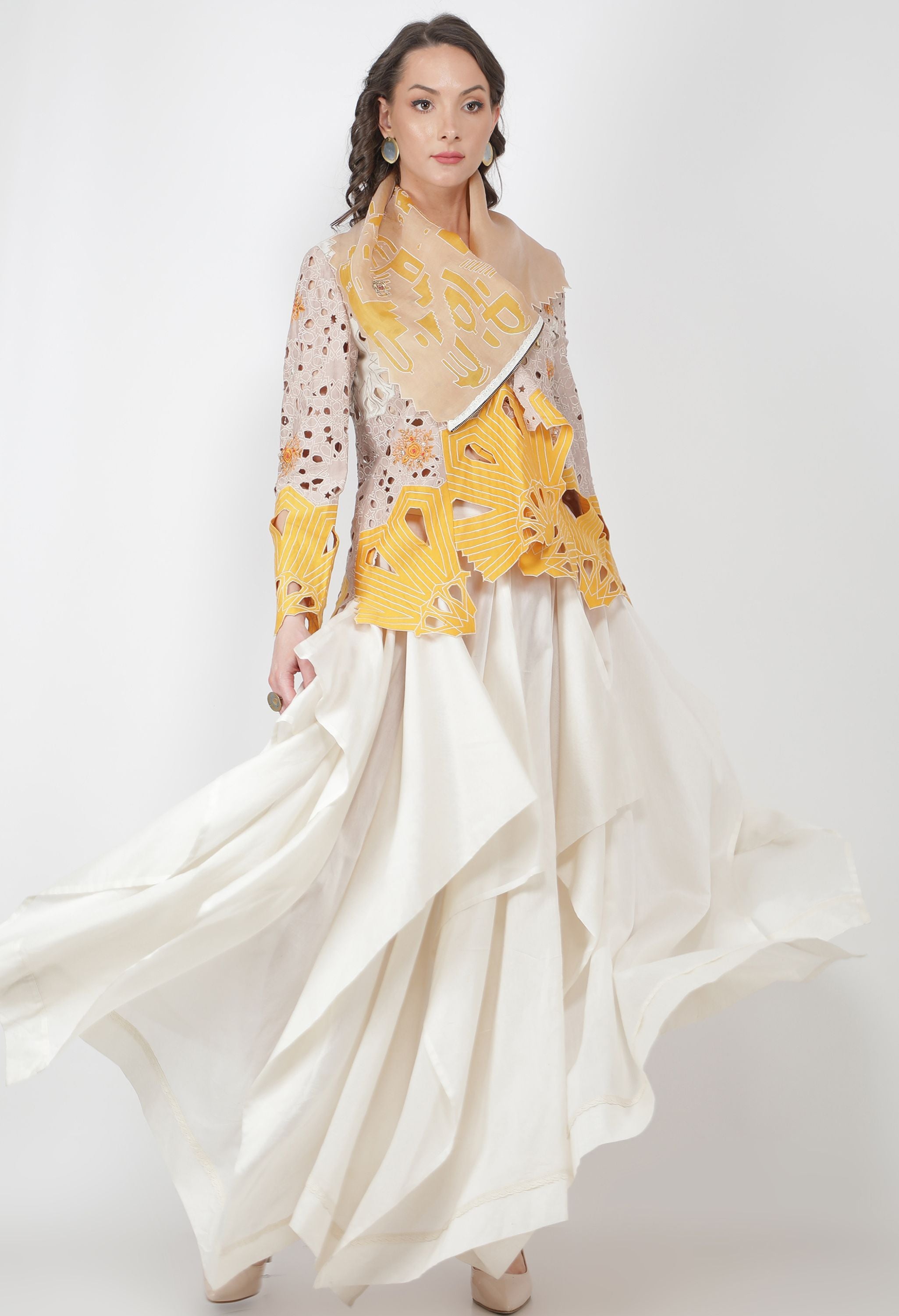 EMB DRAPED COLLAR CUTWORK JACKET WITH SKIRT