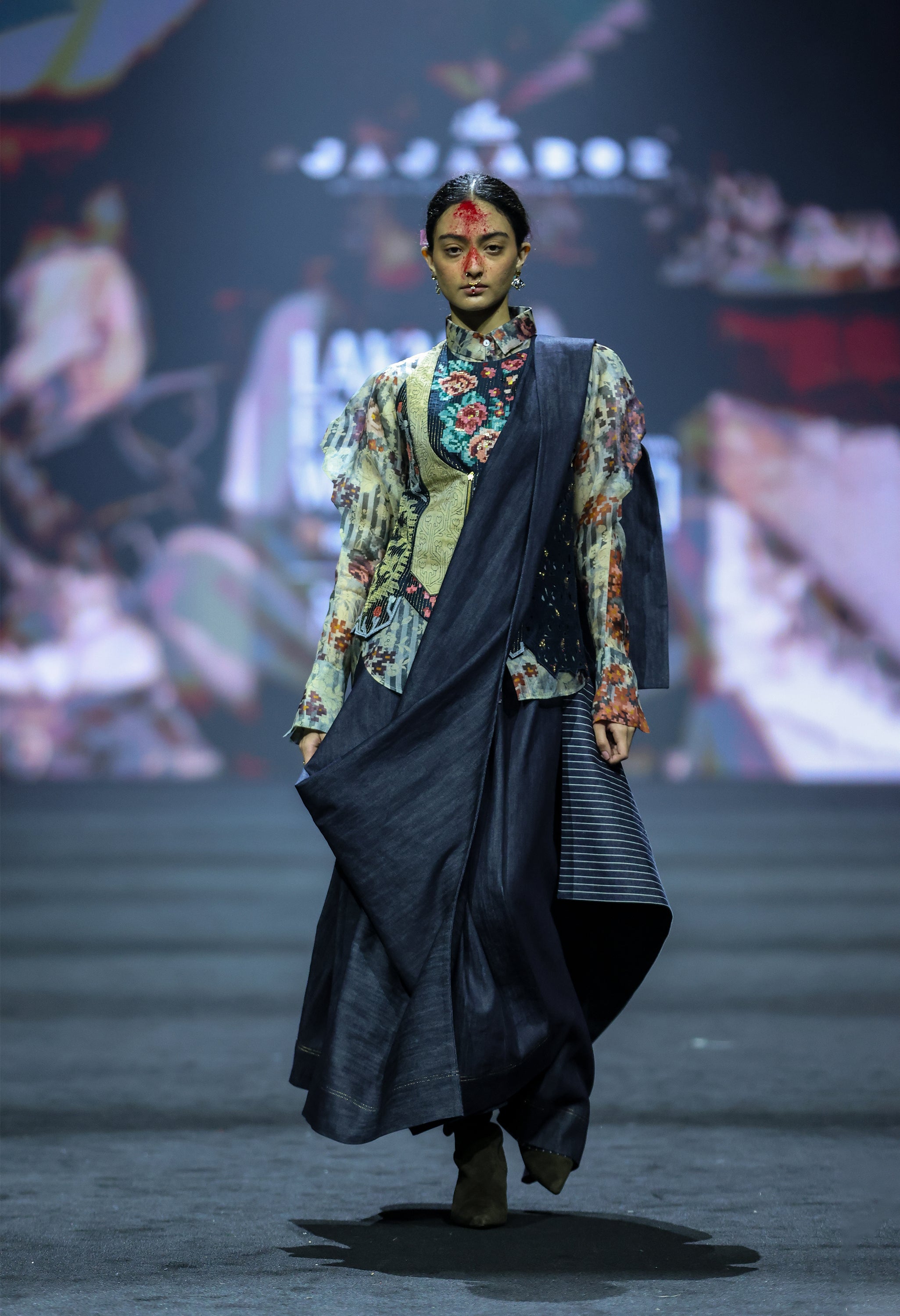 PRINTED ORGANZA SHIRT WITH EMB ANGRAKHA STYLE JACKET AND DRAPED DENIM SKIRT