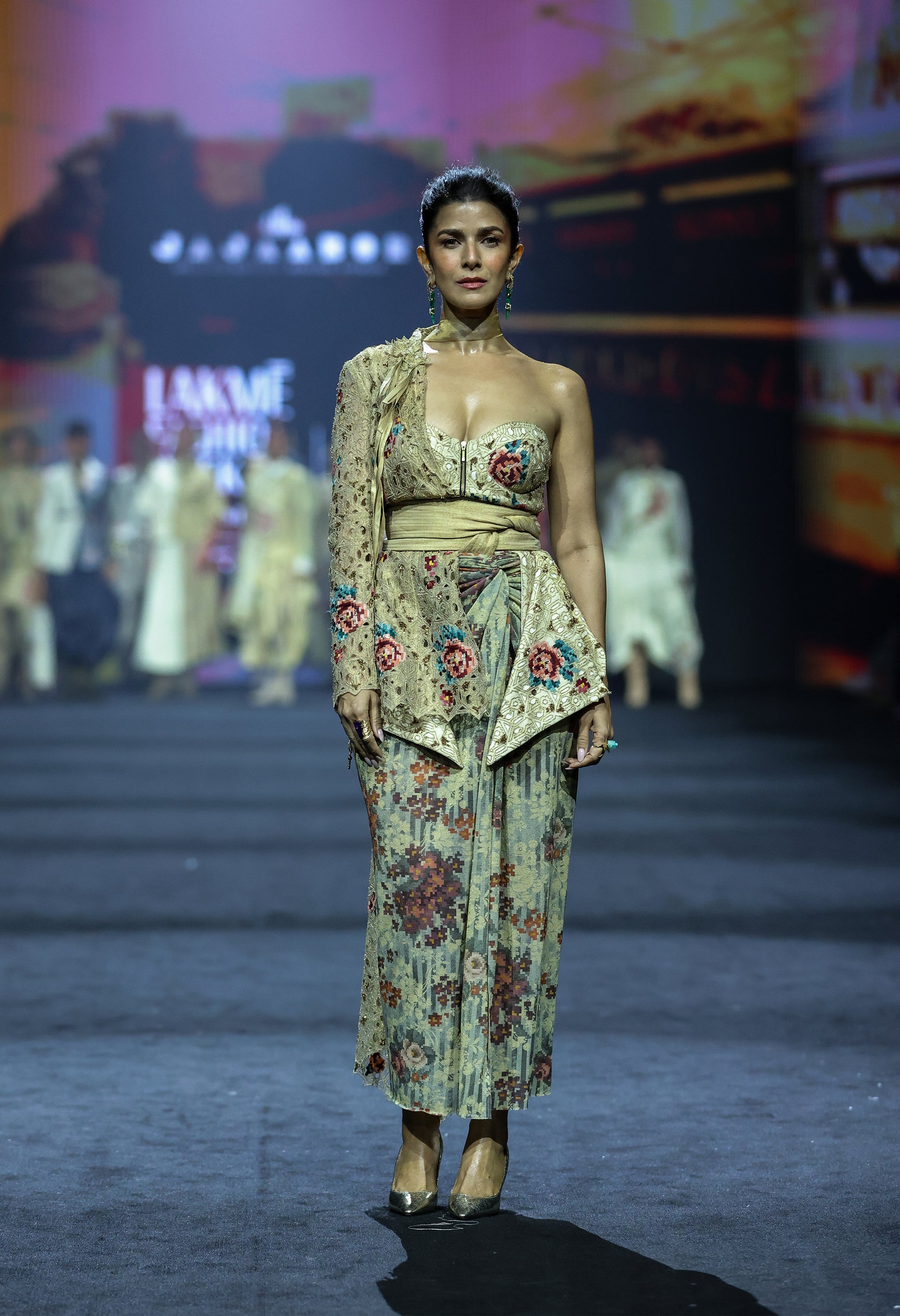 ONE SHOULER EMBROIDERED JACKET WITH CORSET JACKET PAIRED WITH DRAPED SKIRT AND A OB BELT