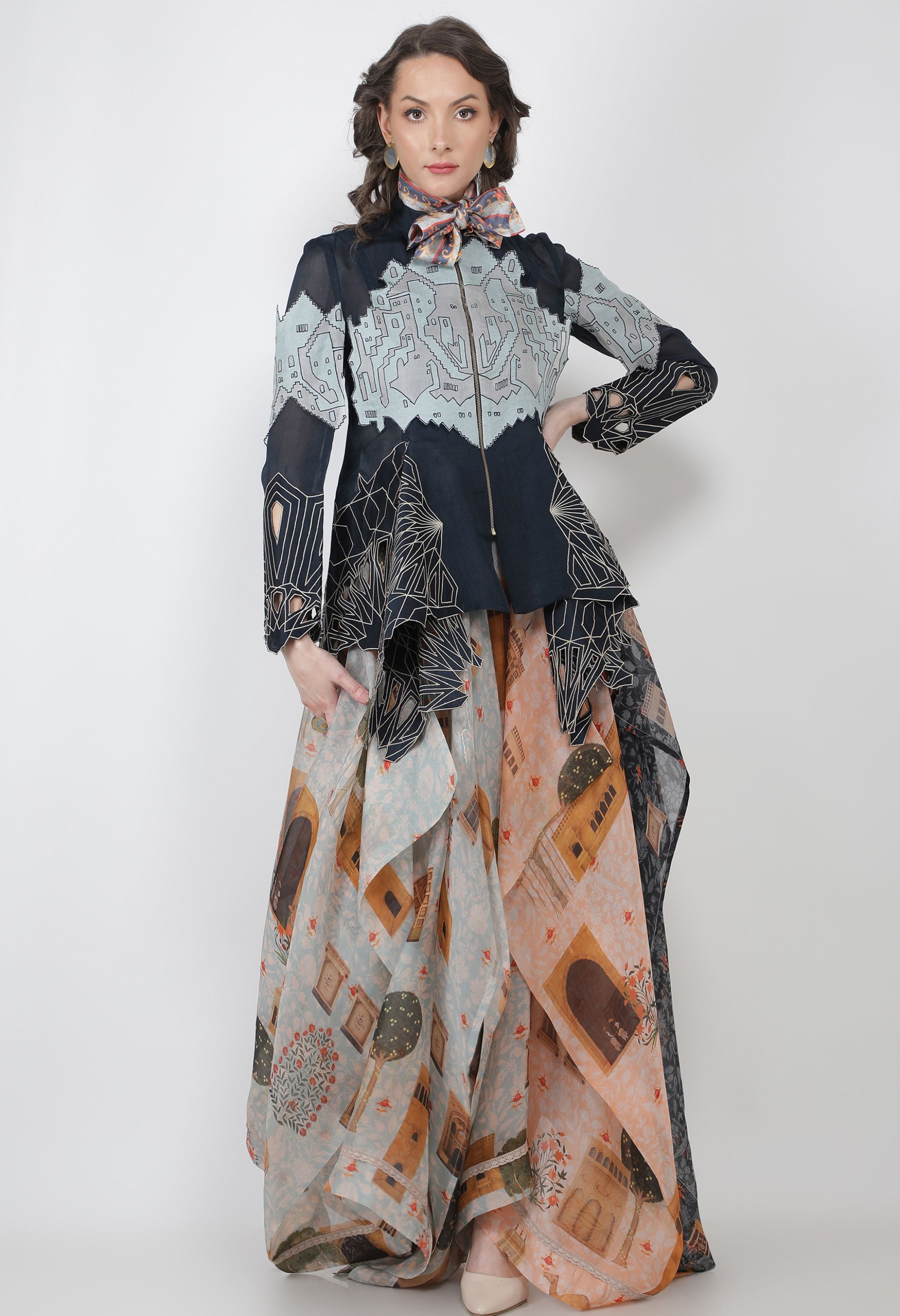 USTA PRINTED DRAPED ORGANZA SKIRT