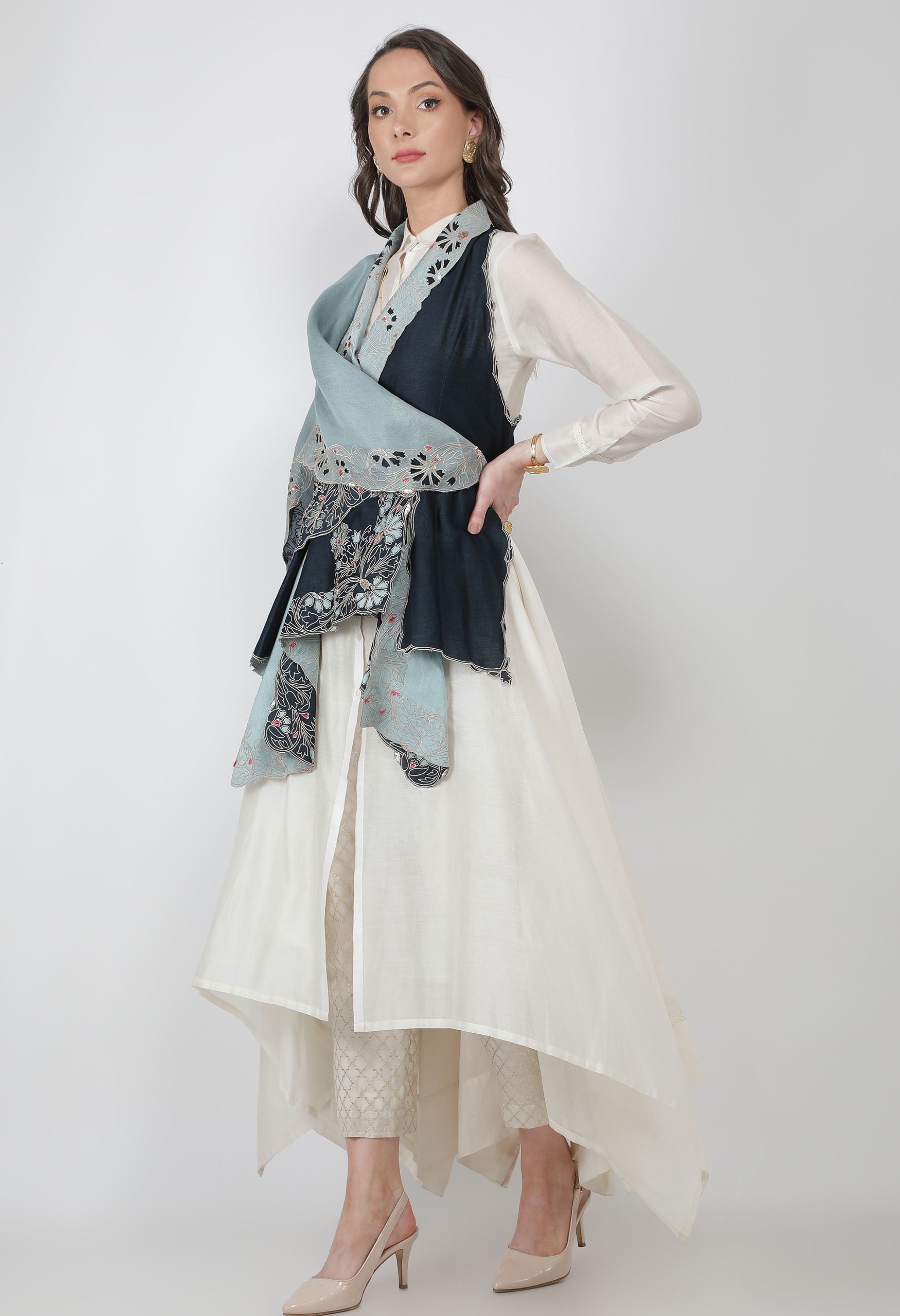 RACER BACK EMB DRAPED GILET WITH LONG SHIRT AND PANTS