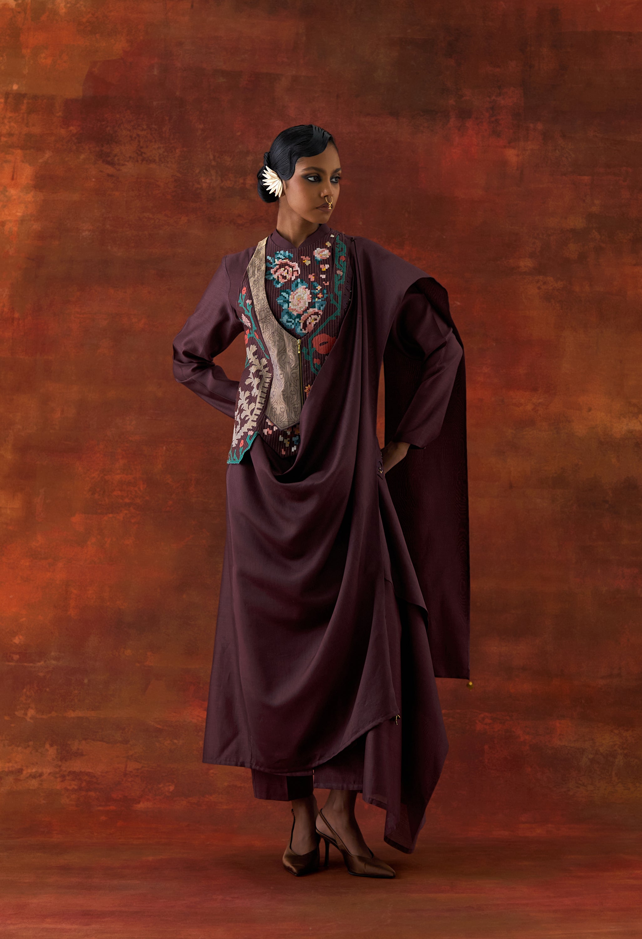 ANGRAKHA STYLE JACKET WITH ZIPPERED KURTA AND PANTS