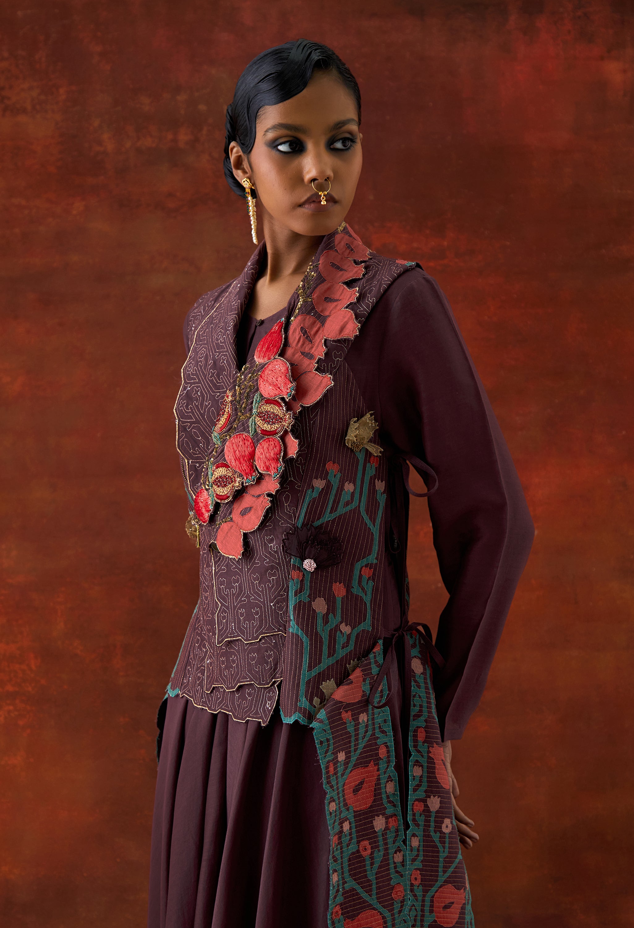POMEGRANATE DOUBLE LAPEL JACKET WITH PRINTED ANARKALI