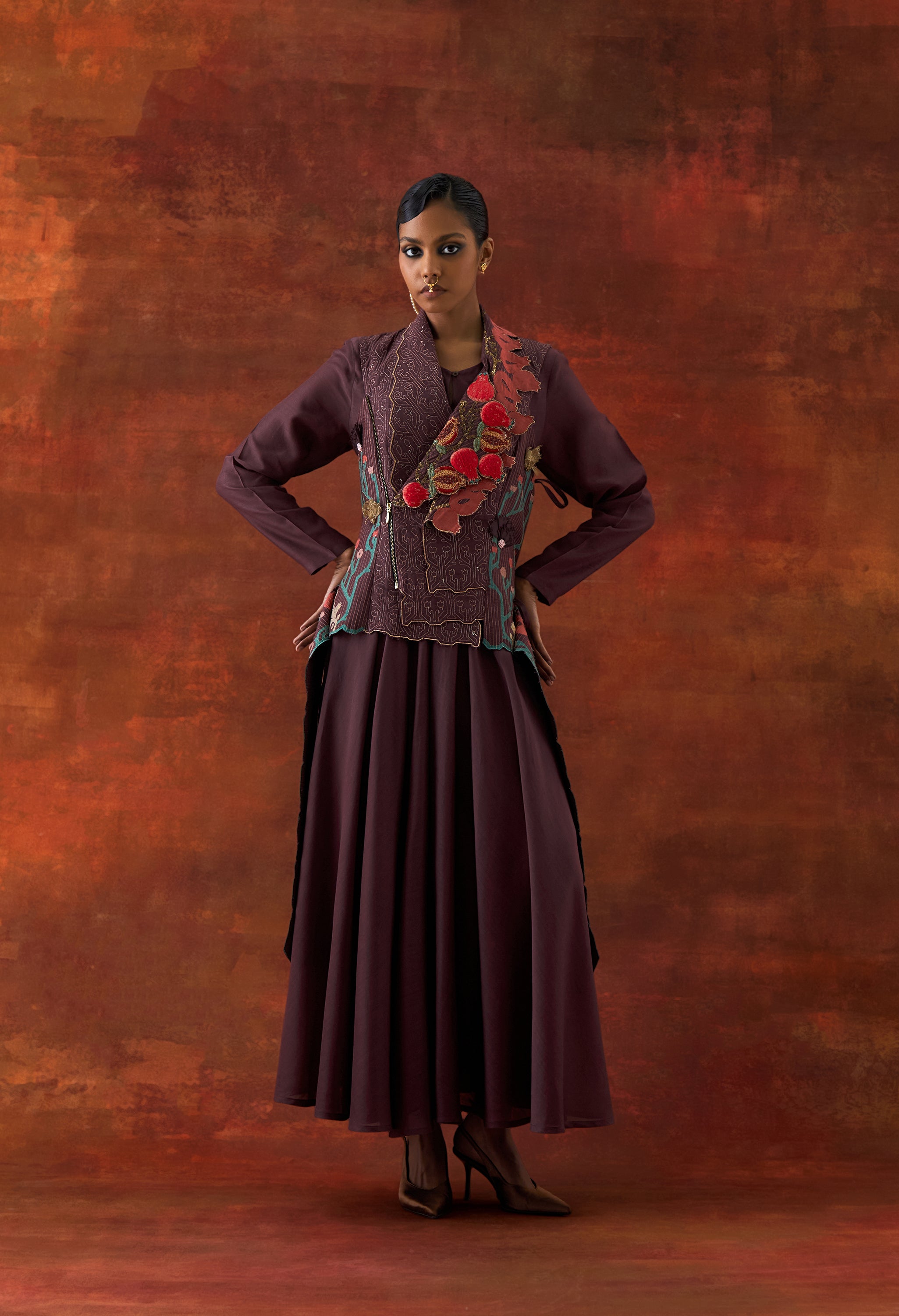 POMEGRANATE DOUBLE LAPEL JACKET WITH PRINTED ANARKALI