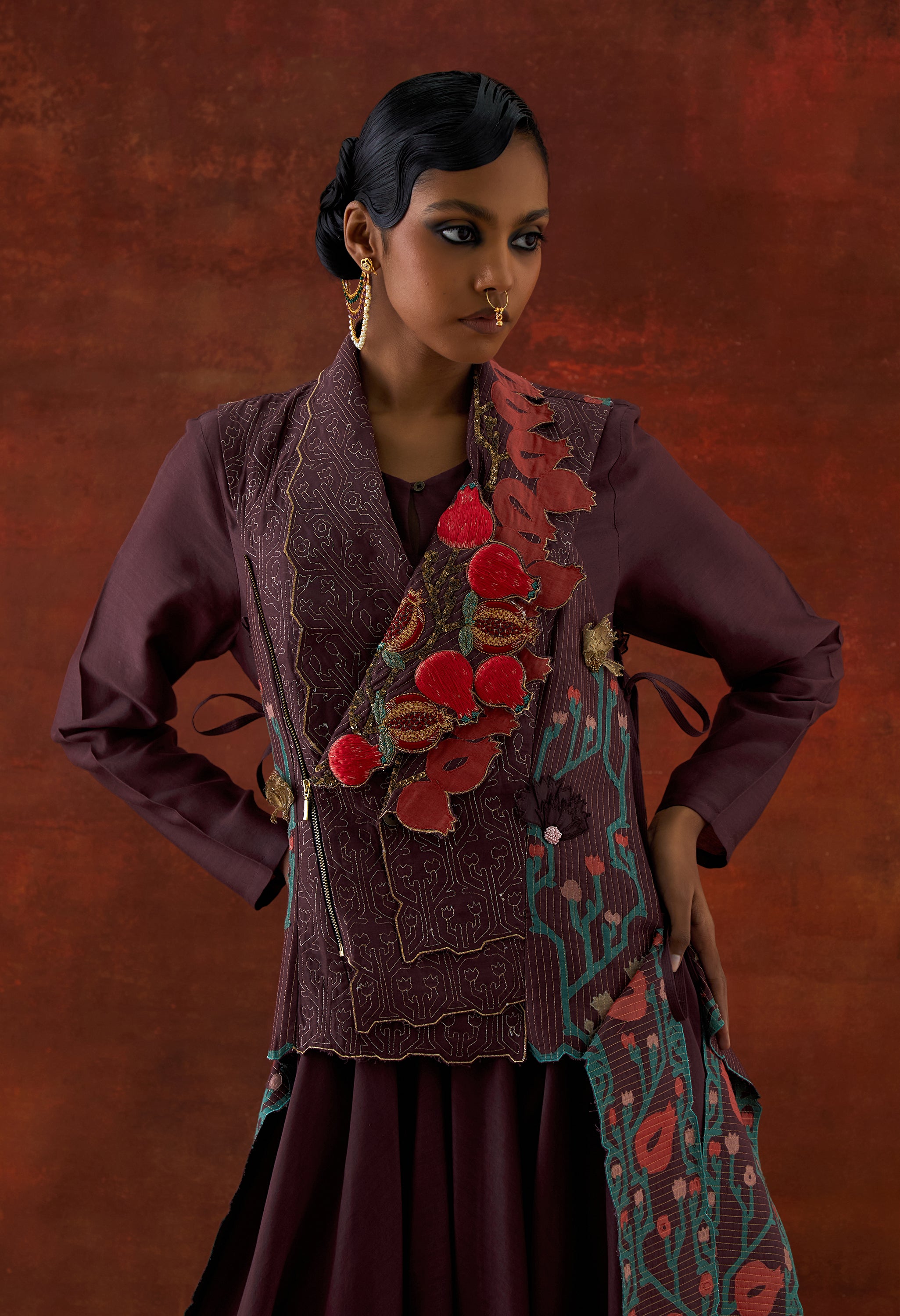 POMEGRANATE DOUBLE LAPEL JACKET WITH PRINTED ANARKALI