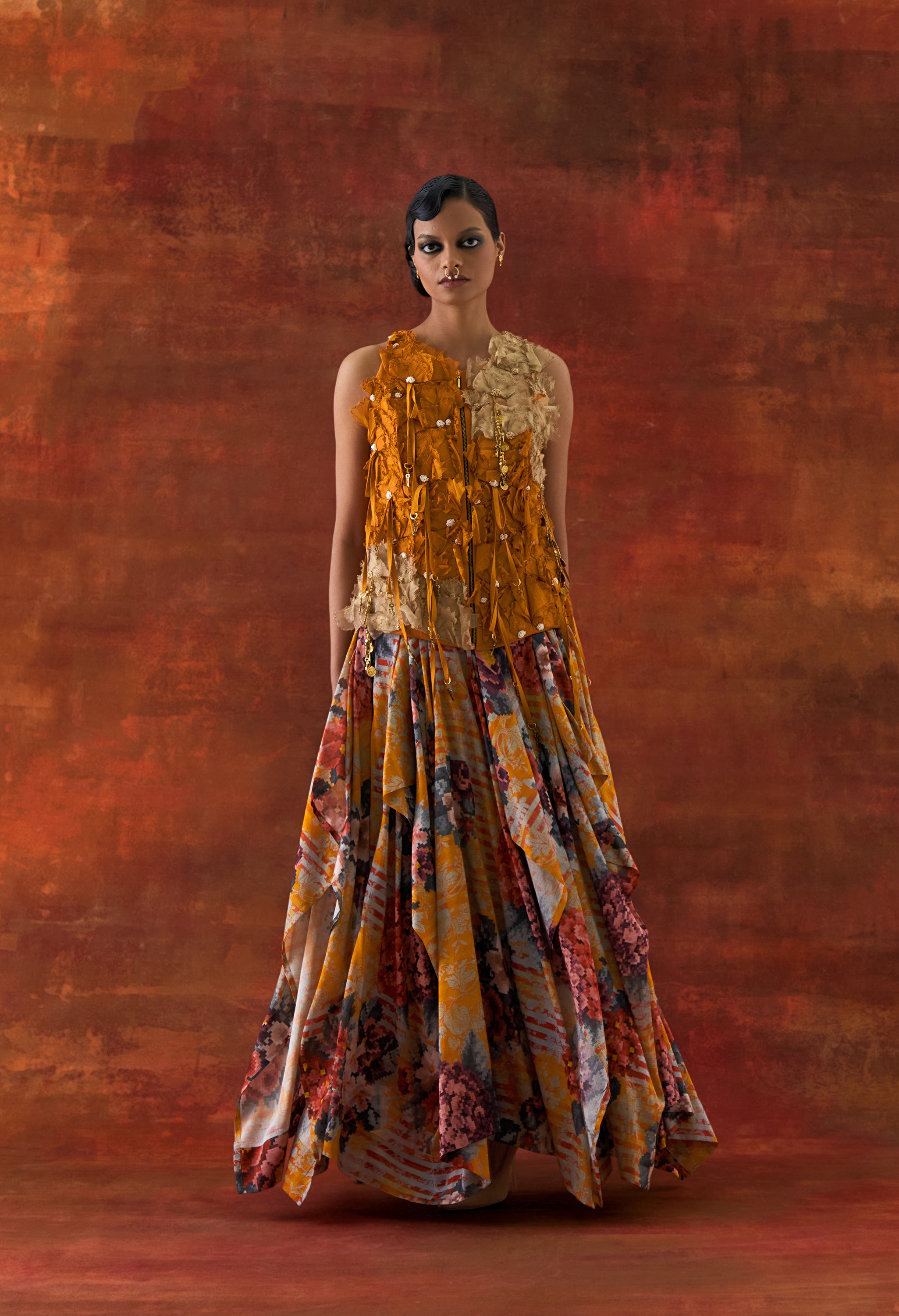 3D FLOWER RACER BACK JACKET + CASCADE SHIRT WITH PRINTED DRAPED SKIRT