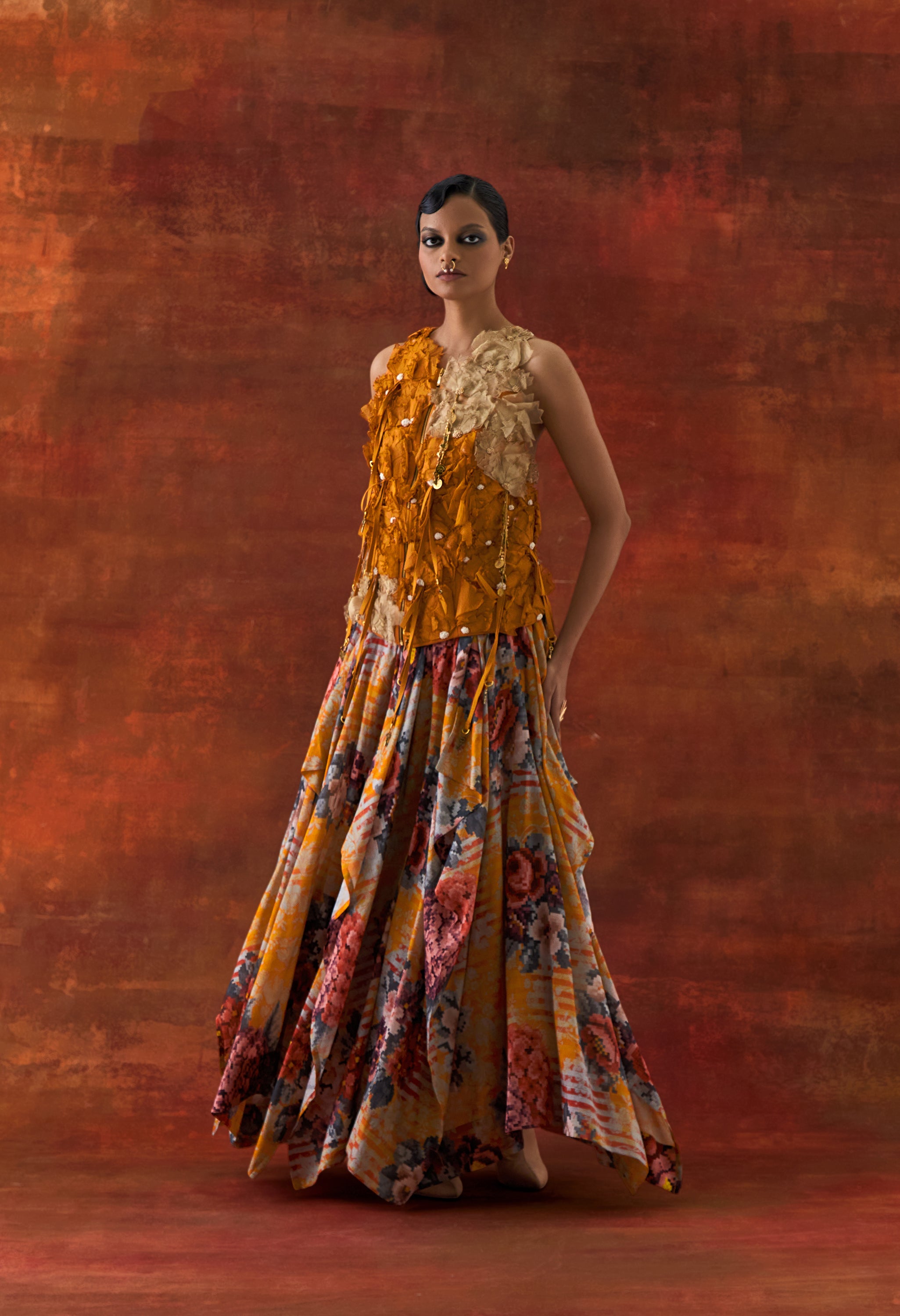 3D FLOWER RACER BACK JACKET + CASCADE SHIRT WITH PRINTED DRAPED SKIRT