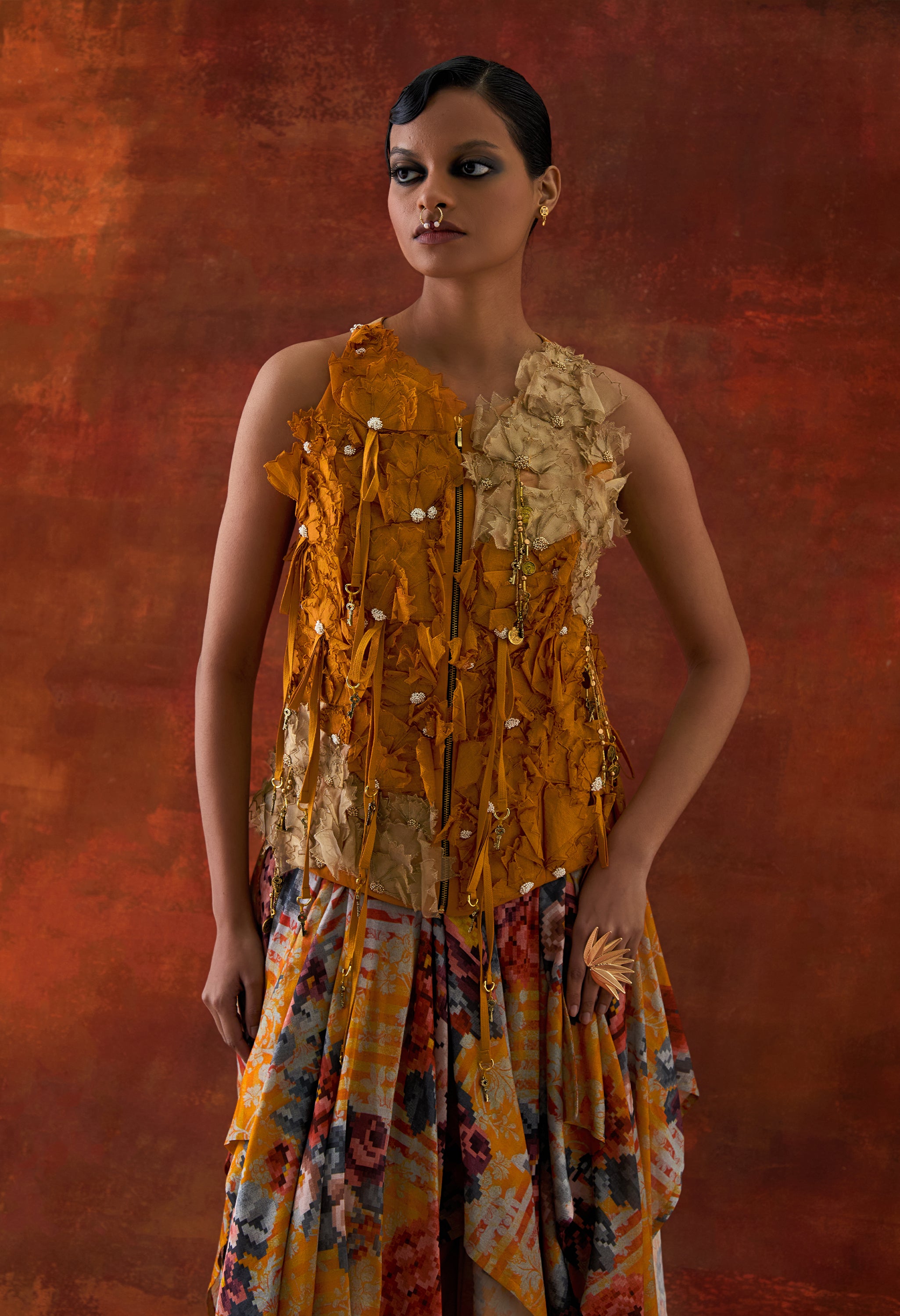 3D FLOWER RACER BACK JACKET + CASCADE SHIRT WITH PRINTED DRAPED SKIRT