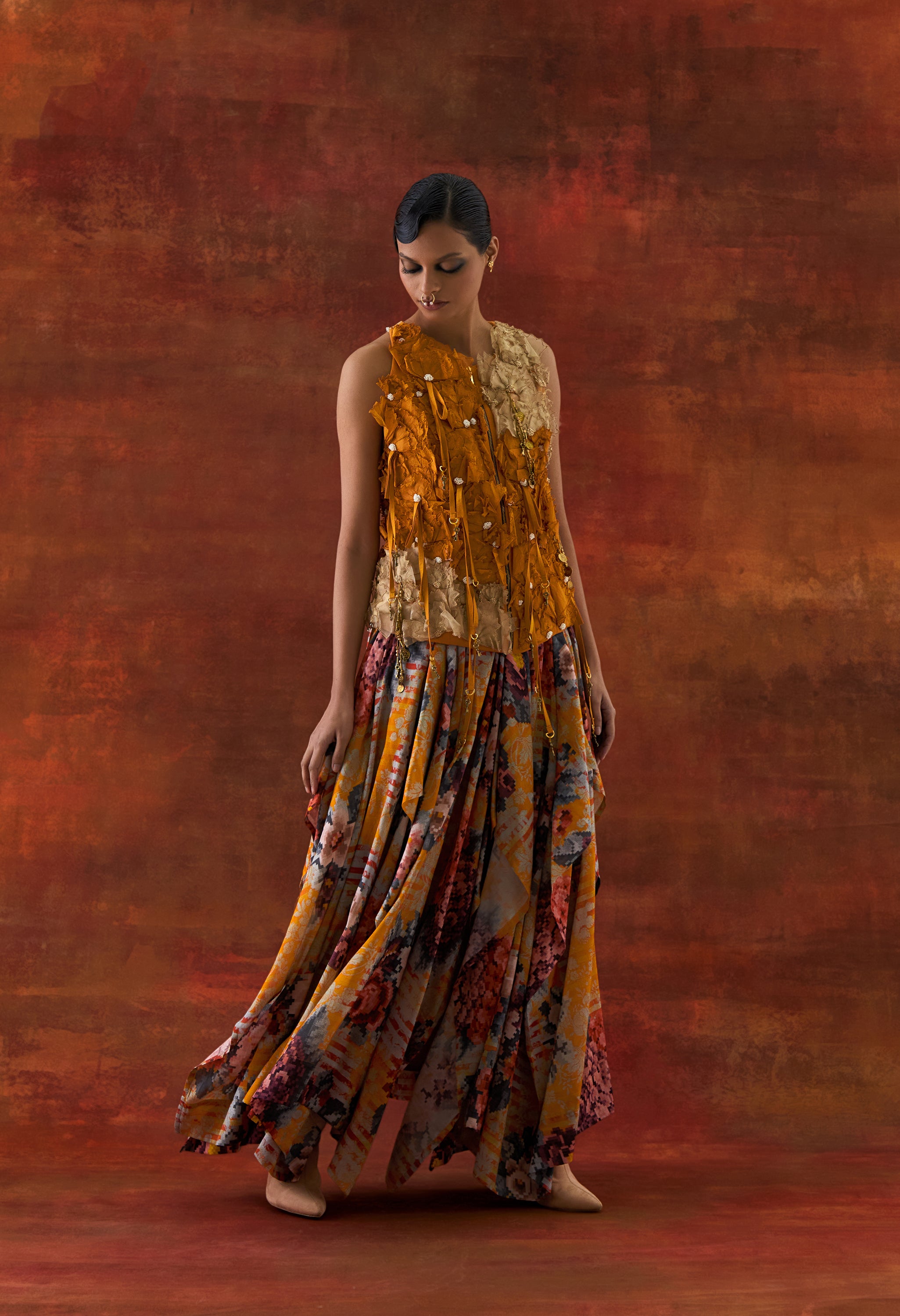 3D FLOWER RACER BACK JACKET + CASCADE SHIRT WITH PRINTED DRAPED SKIRT