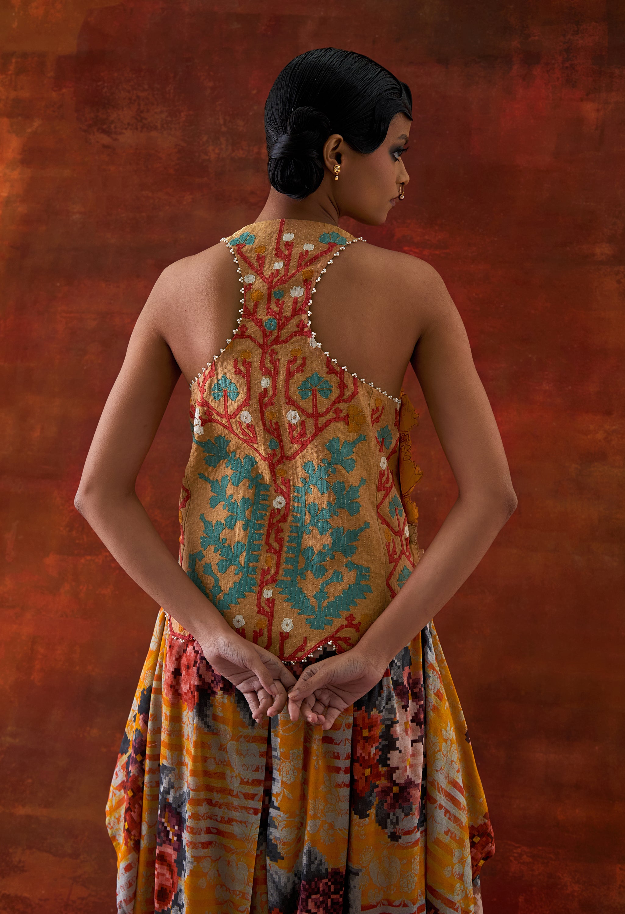 3D FLOWER RACER BACK JACKET + CASCADE SHIRT WITH PRINTED DRAPED SKIRT