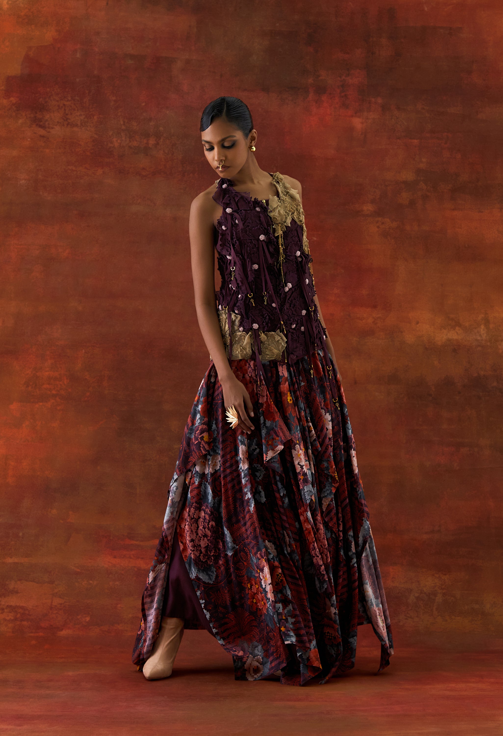 3D FLOWER RACER BACK JACKET + CASCADE SHIRT WITH PRINTED DRAPED SKIRT