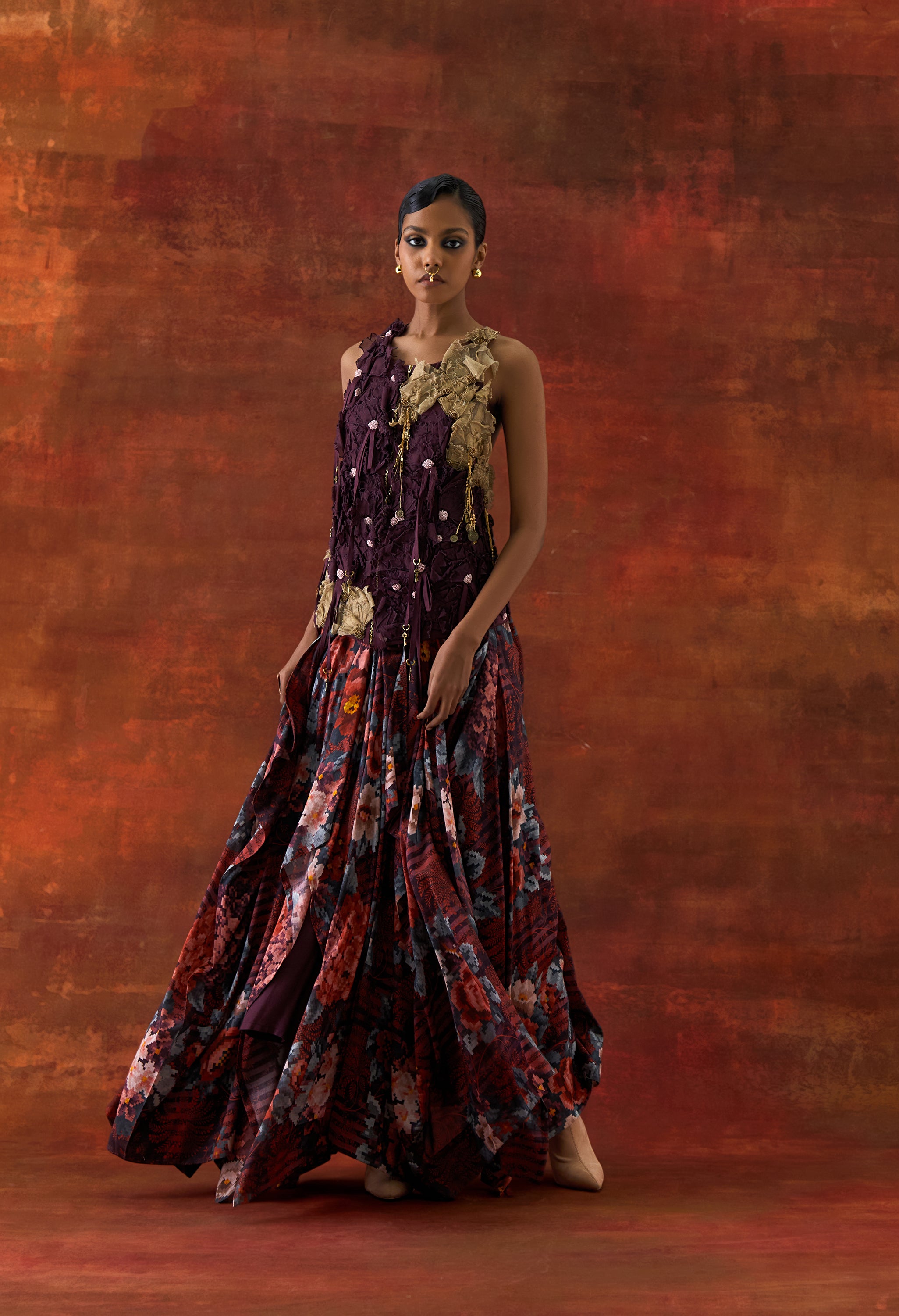 3D FLOWER RACER BACK JACKET + CASCADE SHIRT WITH PRINTED DRAPED SKIRT