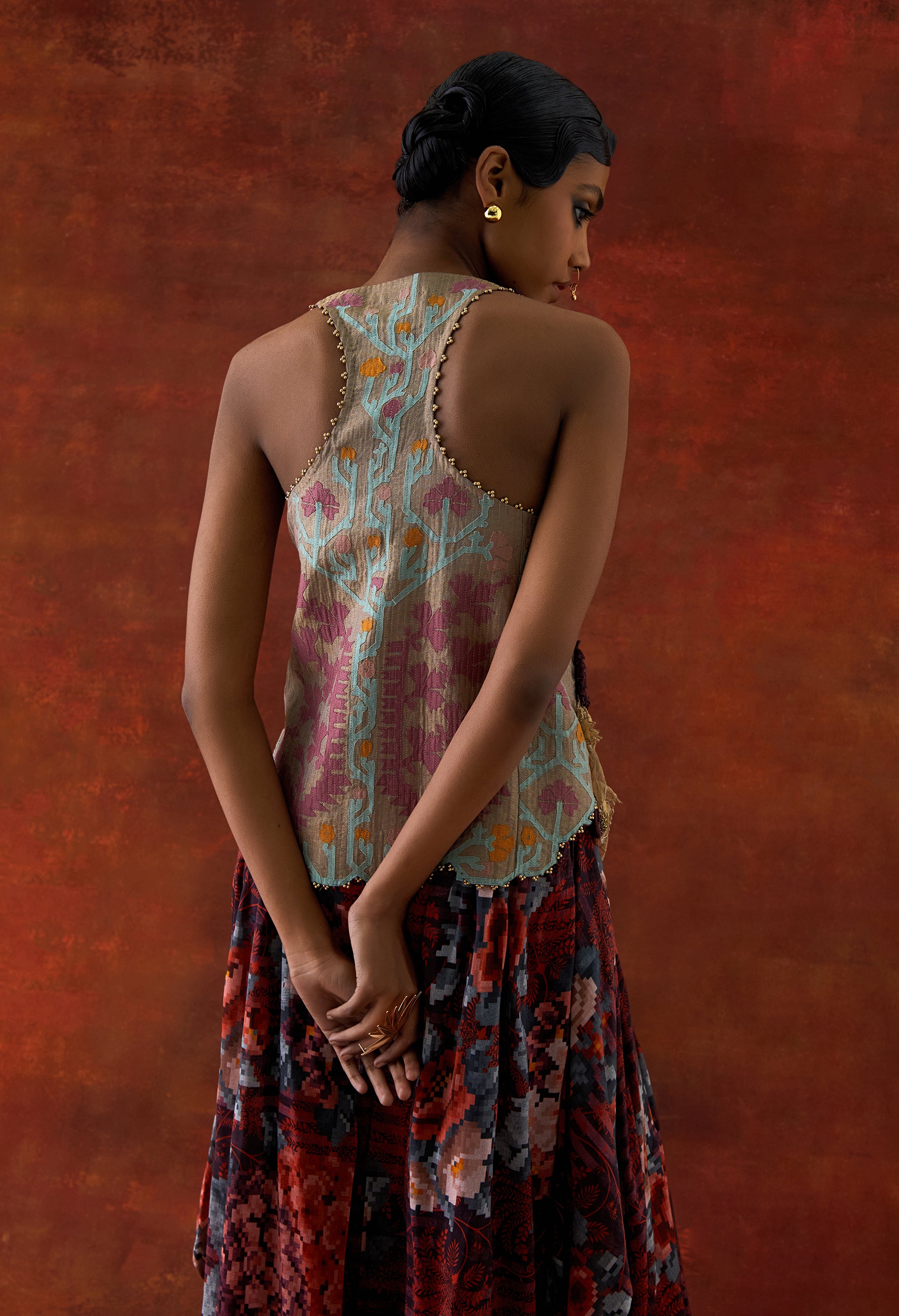 3D FLOWER RACER BACK JACKET + CASCADE SHIRT WITH PRINTED DRAPED SKIRT