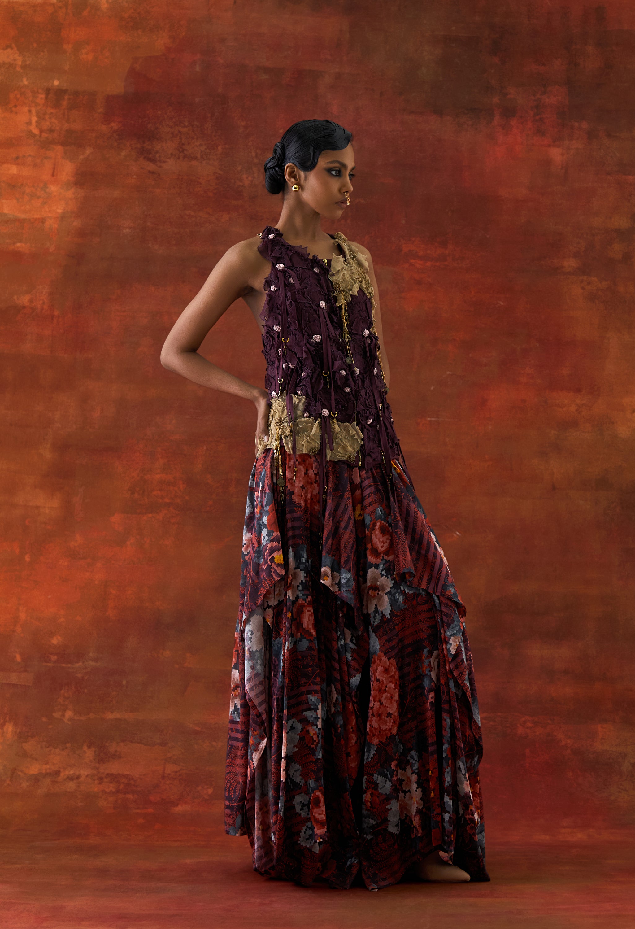 3D FLOWER RACER BACK JACKET + CASCADE SHIRT WITH PRINTED DRAPED SKIRT