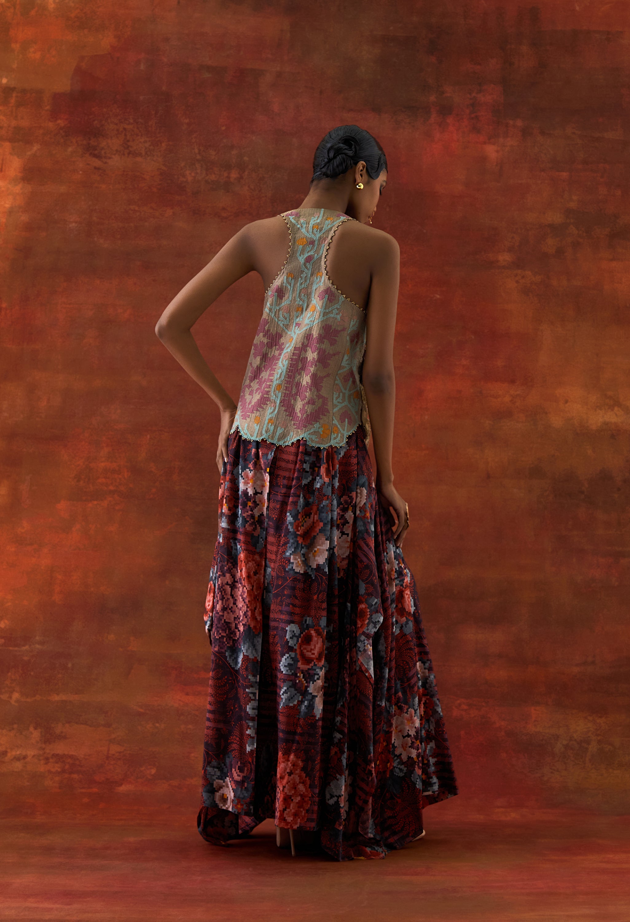 3D FLOWER RACER BACK JACKET + CASCADE SHIRT WITH PRINTED DRAPED SKIRT