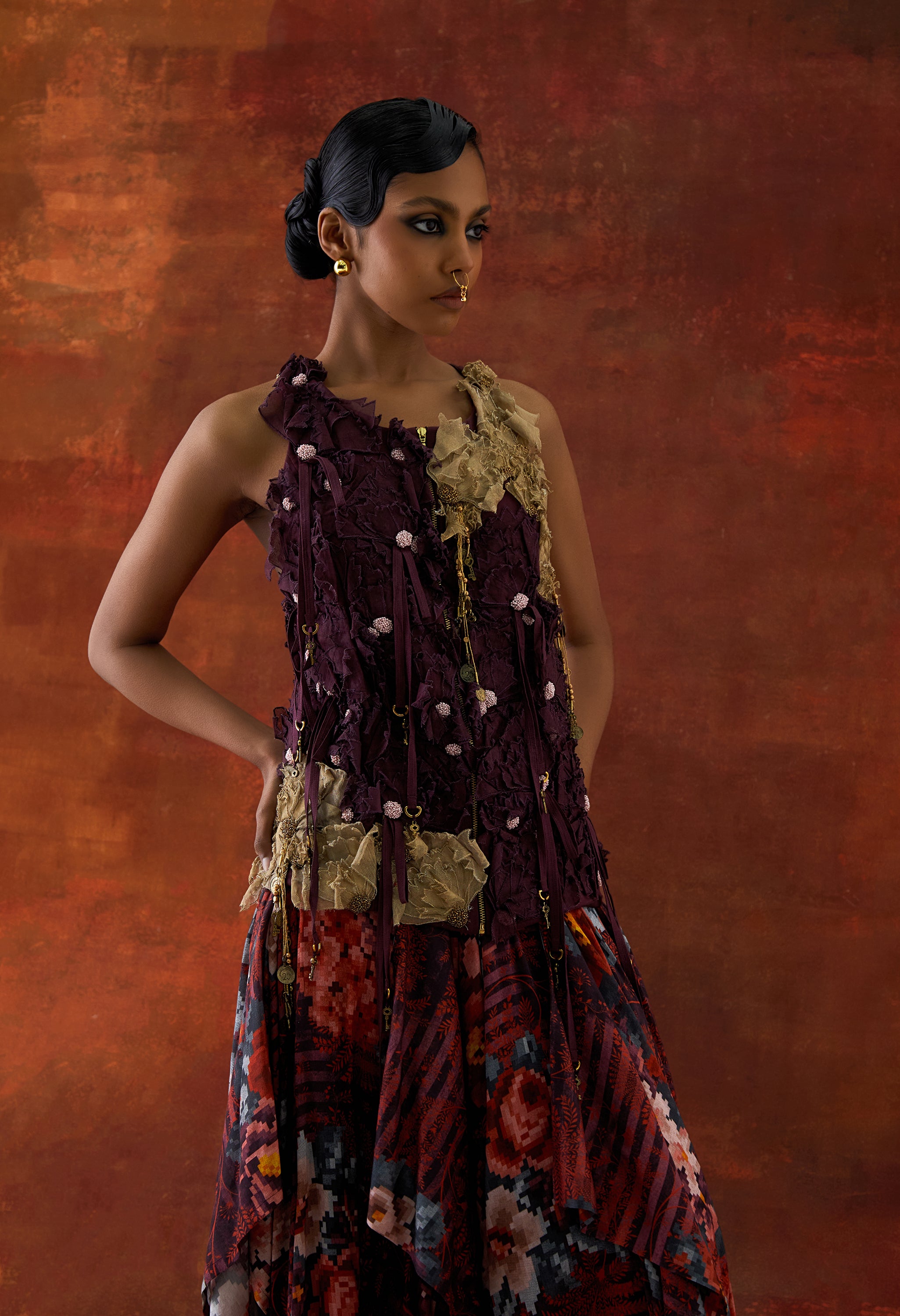 3D FLOWER RACER BACK JACKET + CASCADE SHIRT WITH PRINTED DRAPED SKIRT