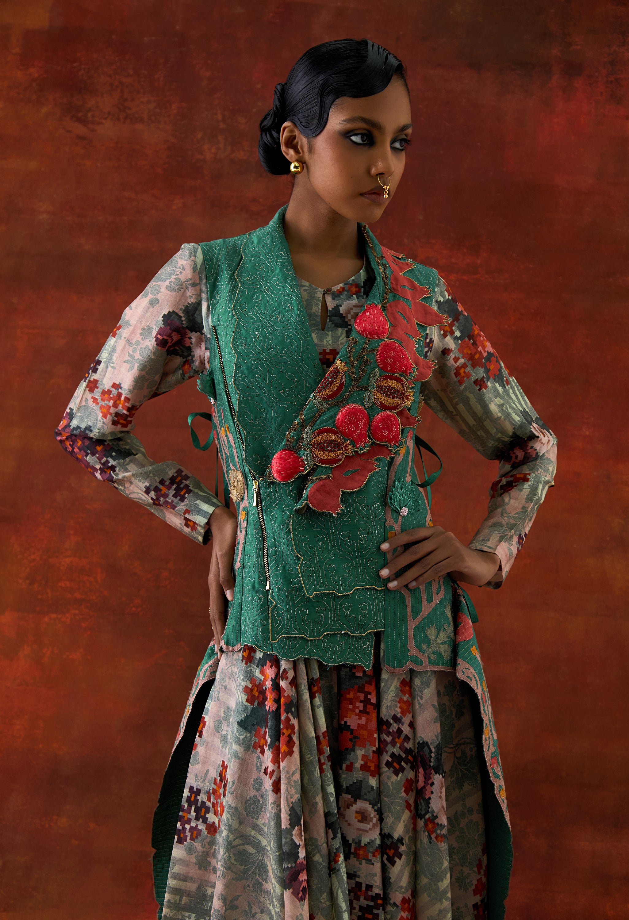 POMEGRANATE DOUBLE LAPEL JACKET WITH PRINTED ANARKALI