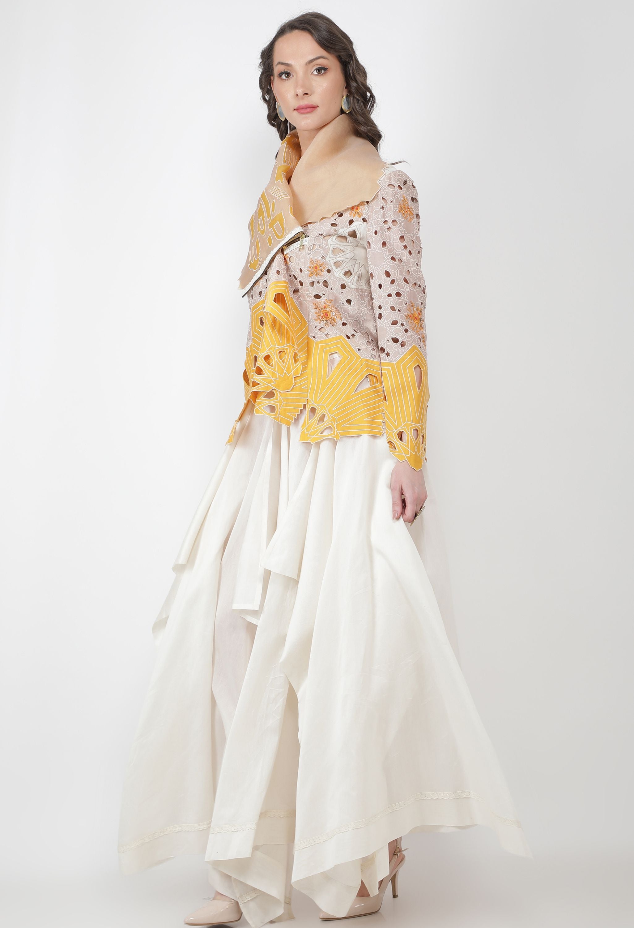 EMB DRAPED COLLAR CUTWORK JACKET WITH SKIRT