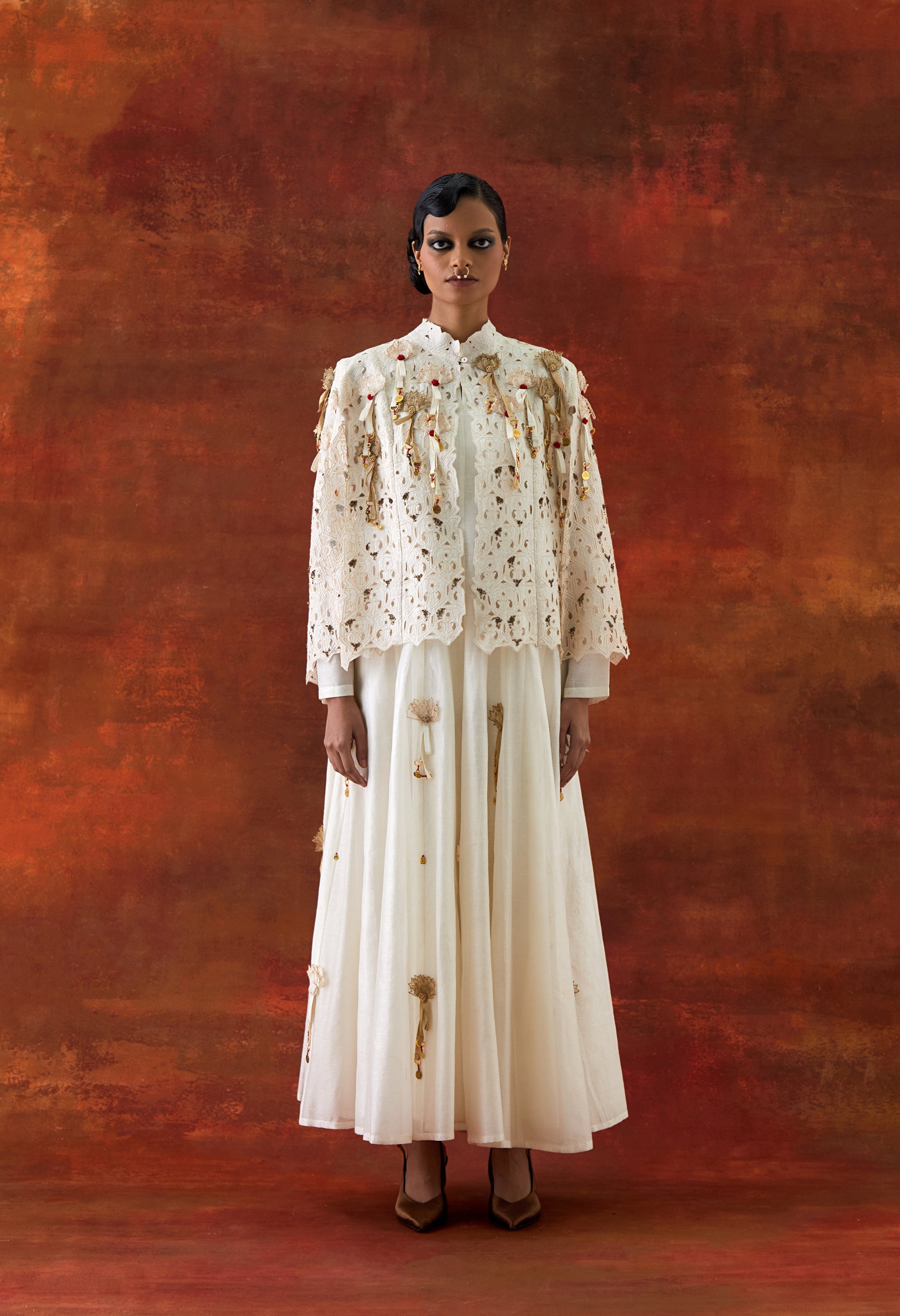 EMBROIDERED CUTWORK CAPE WITH 3D FLOWER KALIDAR