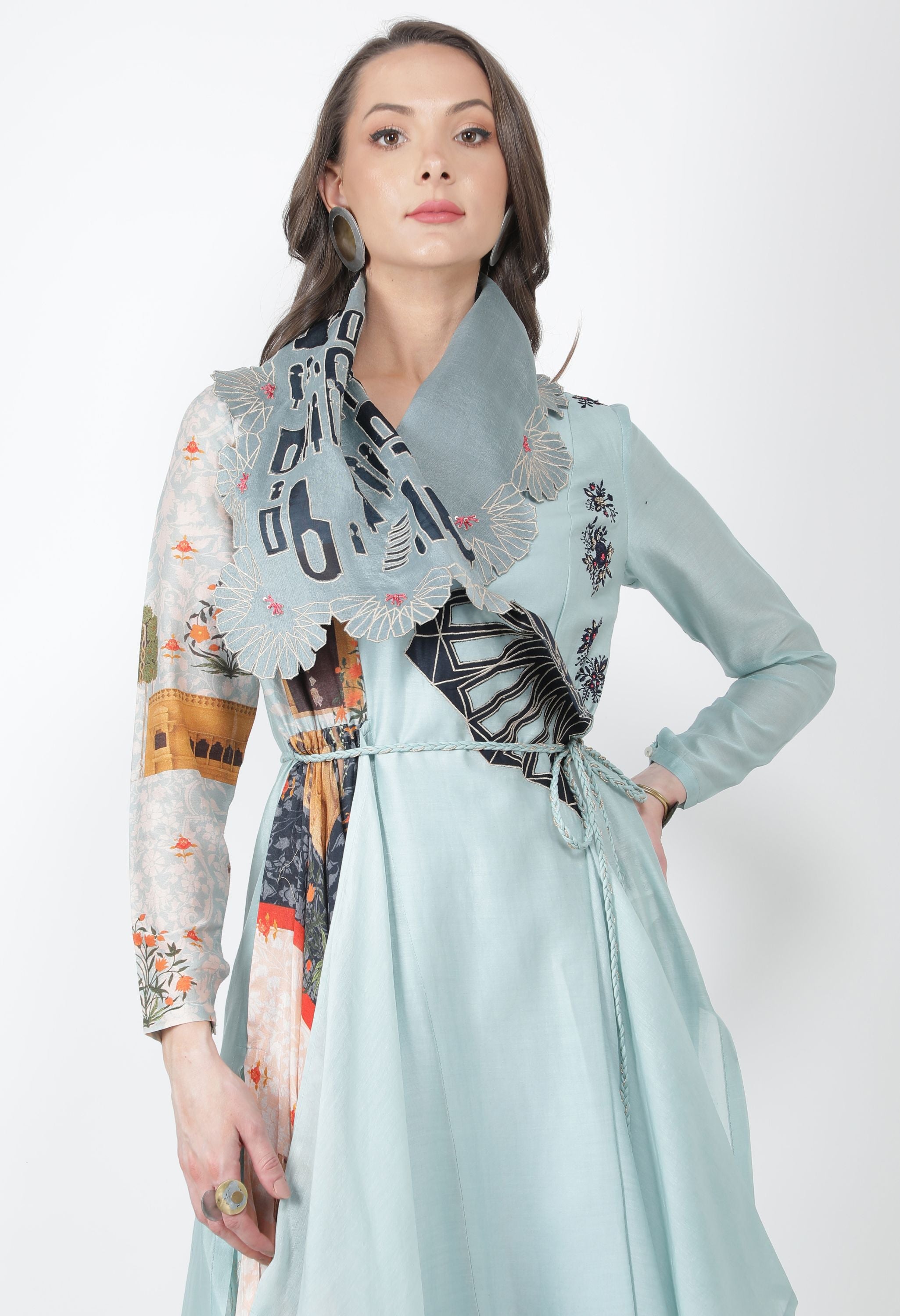 EMB DRAPED COLLAR ANGRAKHA WITH PANTS