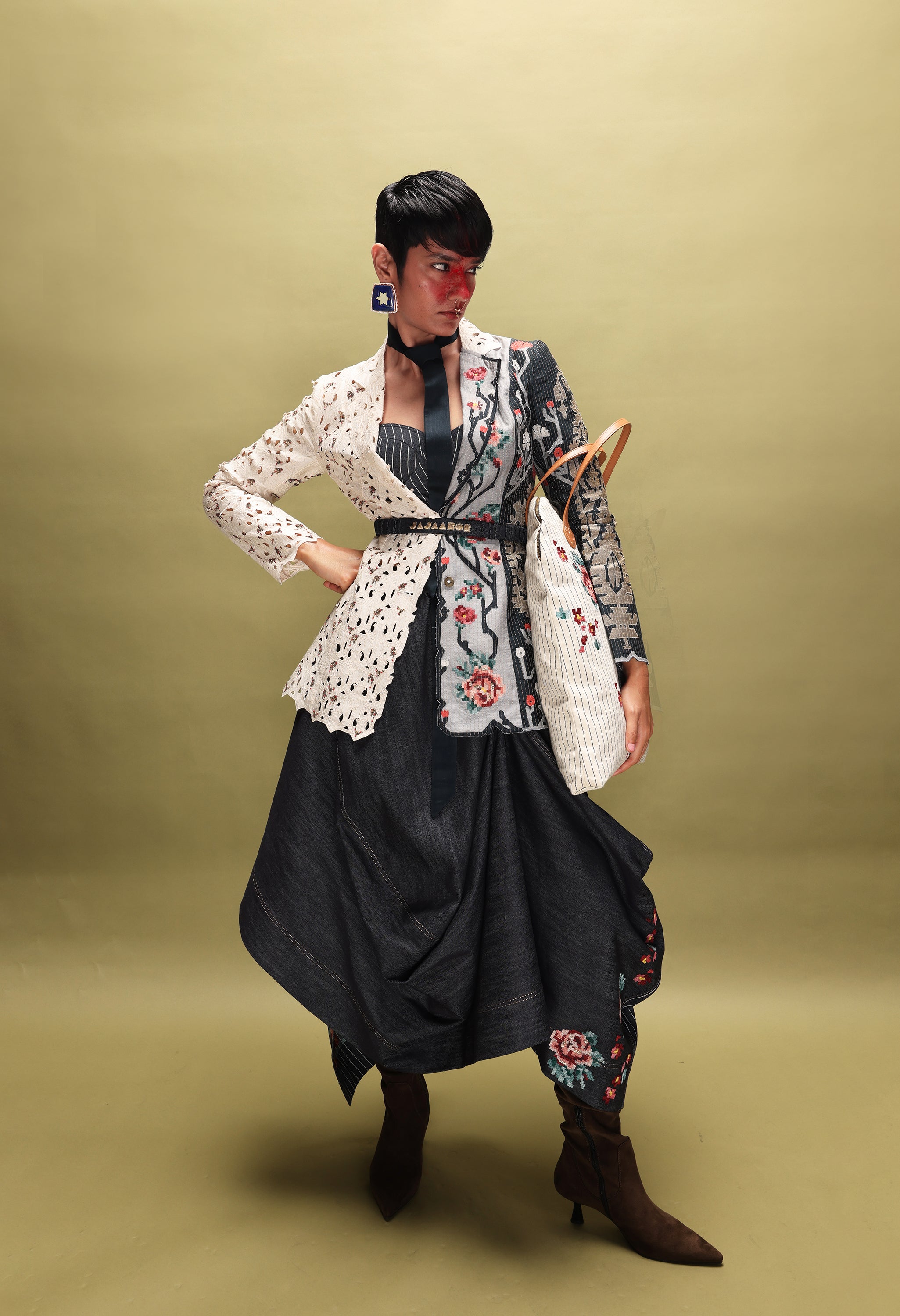 LONG EMB GOLD JACKET COMBINED WITH EMB GOLD SHORT TRENCH + EMB CORSET BELT + EMB GOLD/DENIM BARREL FIT PANTS