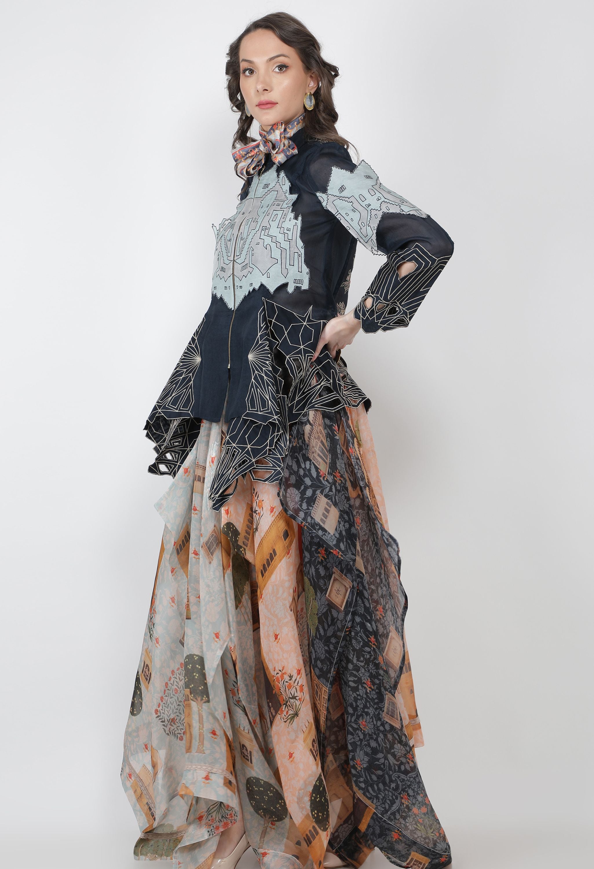 USTA PRINTED DRAPED ORGANZA SKIRT