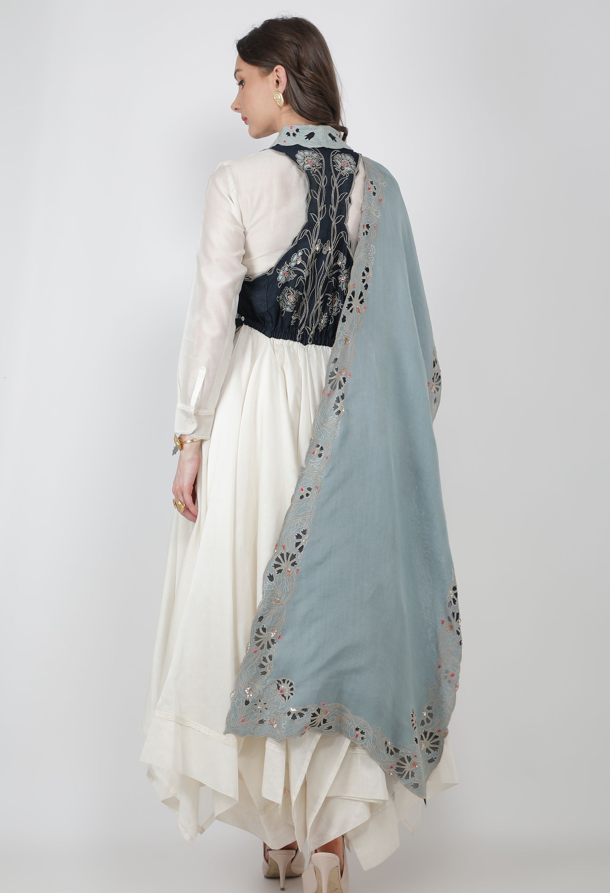 RACER BACK EMB DRAPED GILET WITH LONG SHIRT AND PANTS