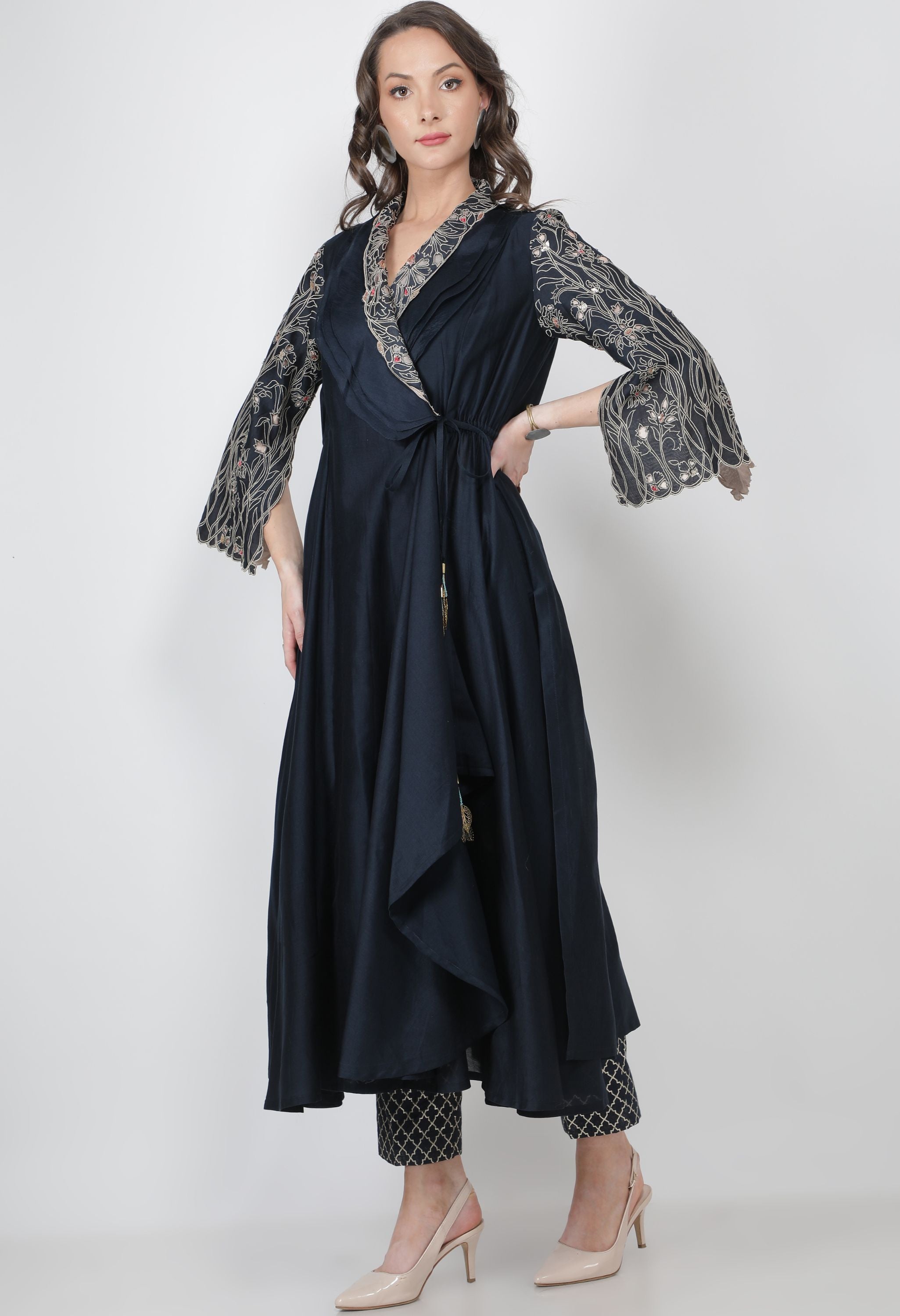 CUTWORK EMB SLEEVES LAYERED COLLARED ANGRAKHA WITH PANTS