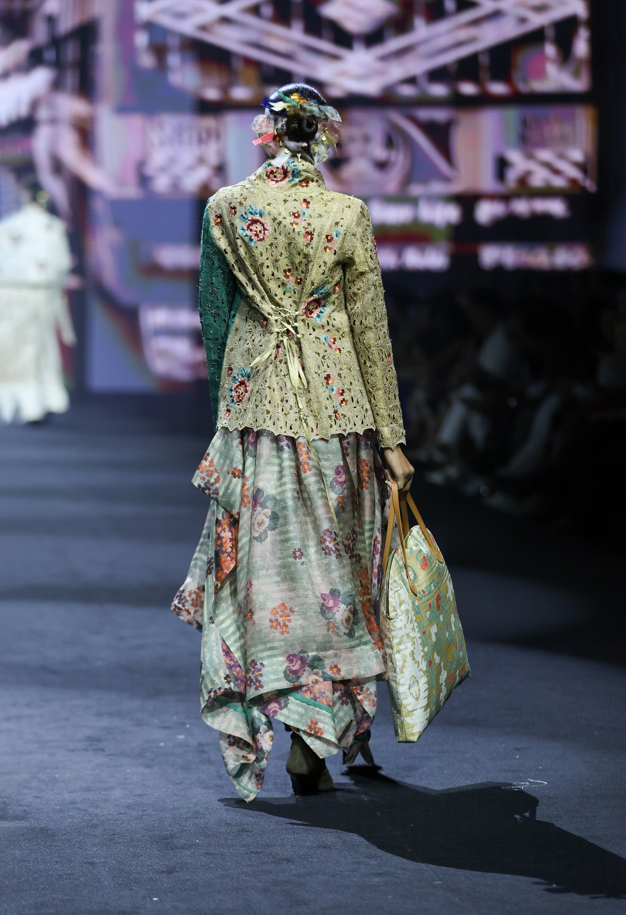 EMB DUAL COLORED DRAPED COLLAR JACKET WITH PRINTED DRAPED ORGANZA SKIRT