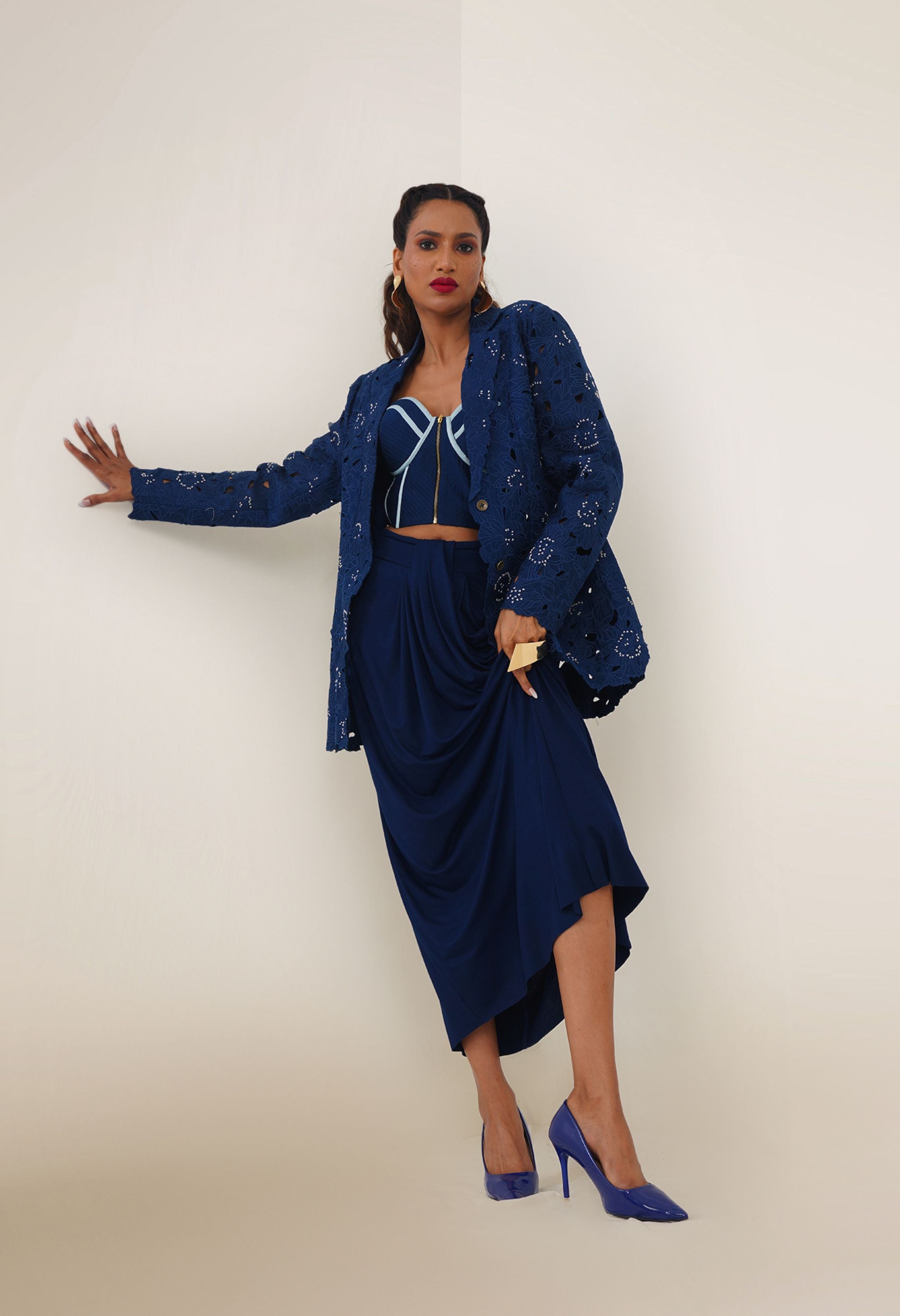 FLORAL CUTWORK JACKET WITH BUSTIER AND DRAPED JERSEY SKIRT